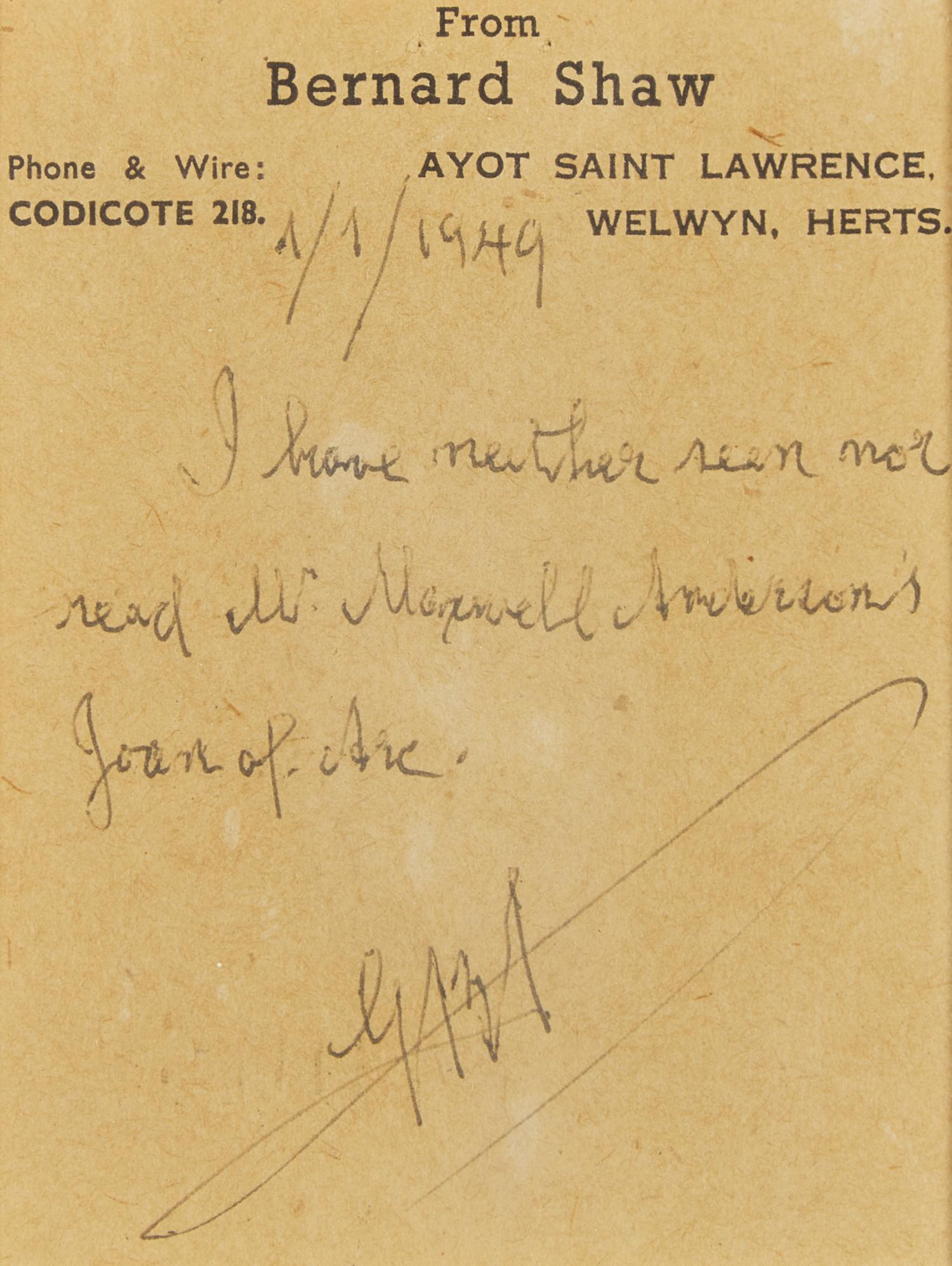[Literature] Shaw, George Bernard. Autograph Note, initialed