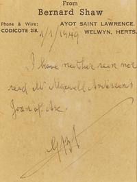 [Literature] Shaw, George Bernard. Autograph Note, initialed