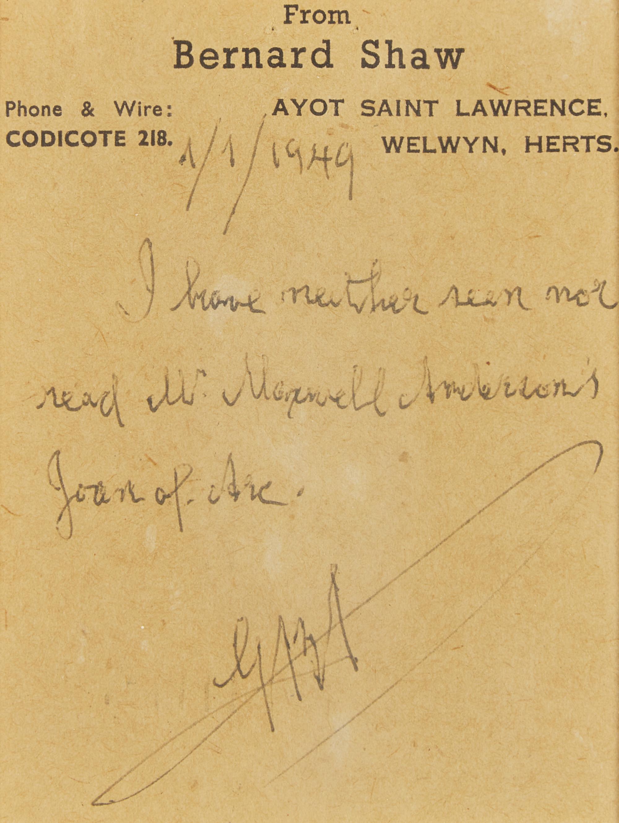 [Literature] Shaw, George Bernard. Autograph Note, initialed