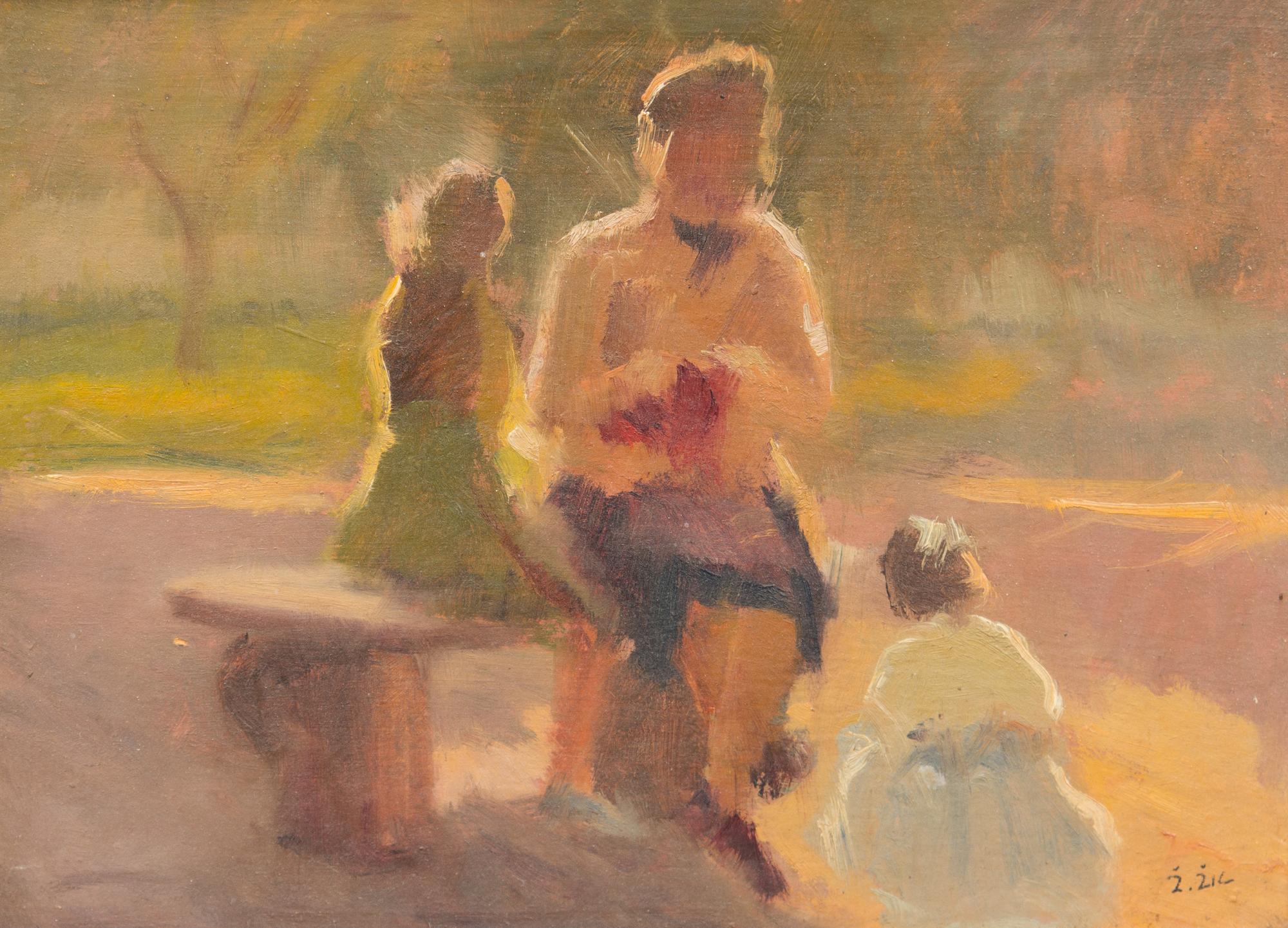 Zivko Zic, (Croatian, b. 1924), Children in the Park, At the Beach, The Park Bench and Reading the Newspaper (four works)