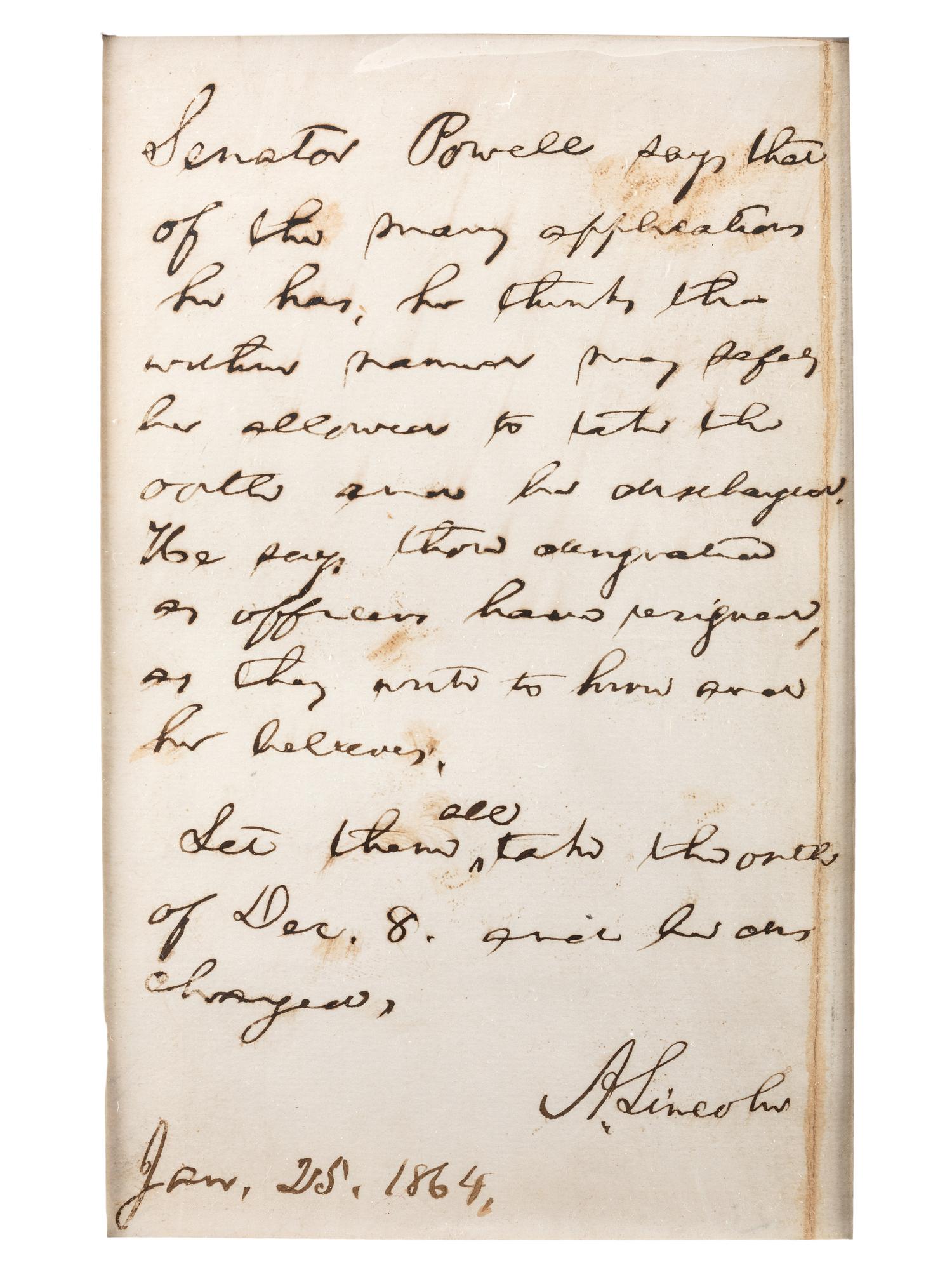 LINCOLN, Abraham (1809-1865). Autograph endorsement signed ("A. Lincoln"), as President, 25 January 1864.
