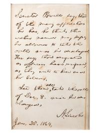 LINCOLN, Abraham (1809-1865). Autograph endorsement signed ("A. Lincoln"), as President, 25 January 1864.