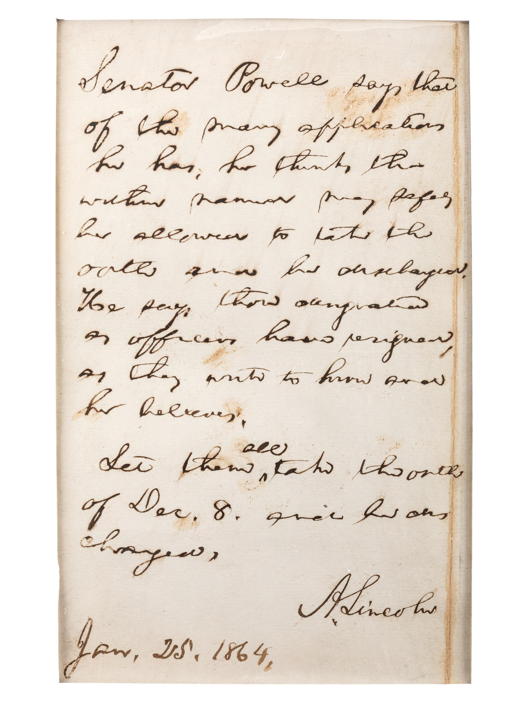 LINCOLN, Abraham (1809-1865). Autograph endorsement signed ("A. Lincoln"), as President, 25 January 1864.