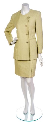 A Chanel Chartreuse Cotton Boucle Skirt Suit, Jacket size 42, skirt size 42.