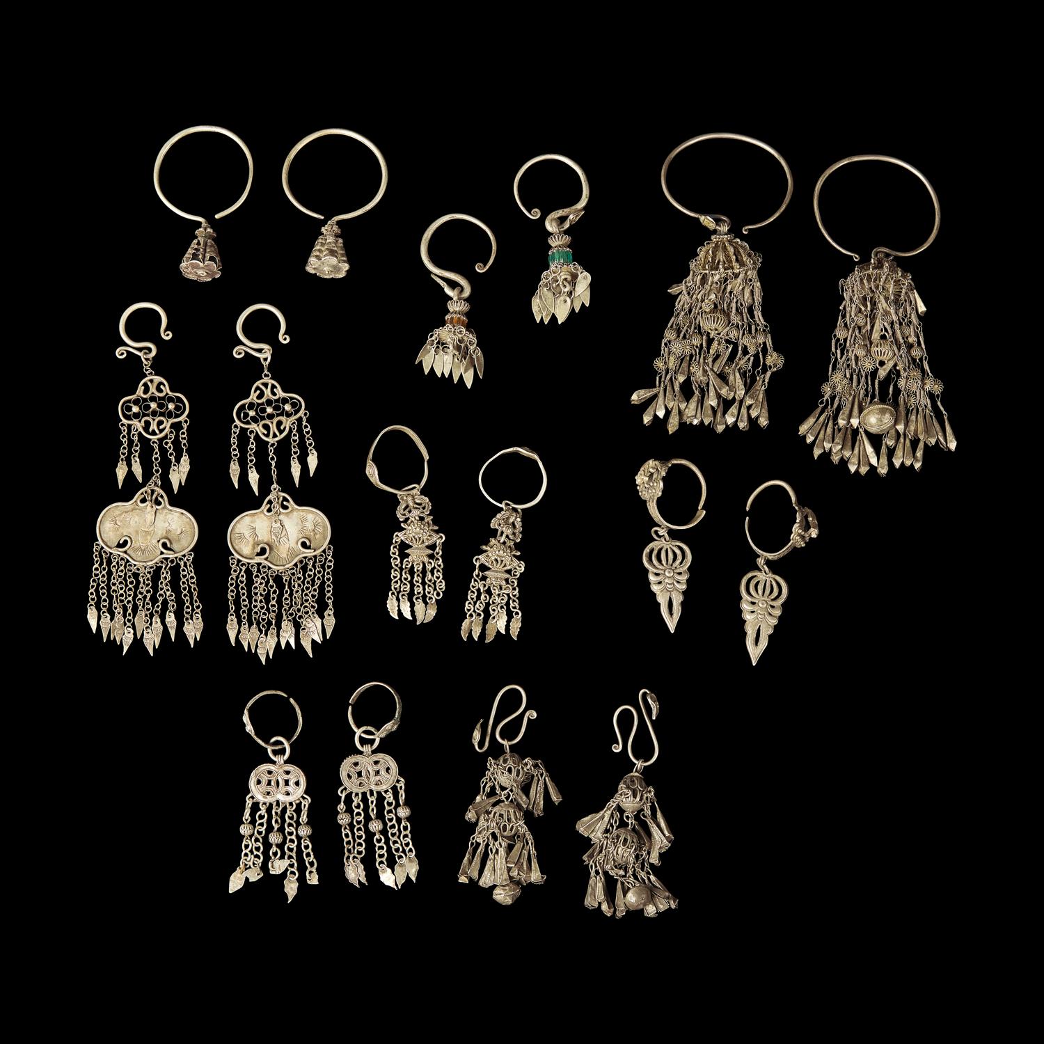 Eight Pairs of Chinese Silver Earrings, Qing Dynasty 清 銀耳環八對