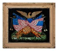 A Folk Art Reverse Painted Glass Eagle Crest Tinsel Painting