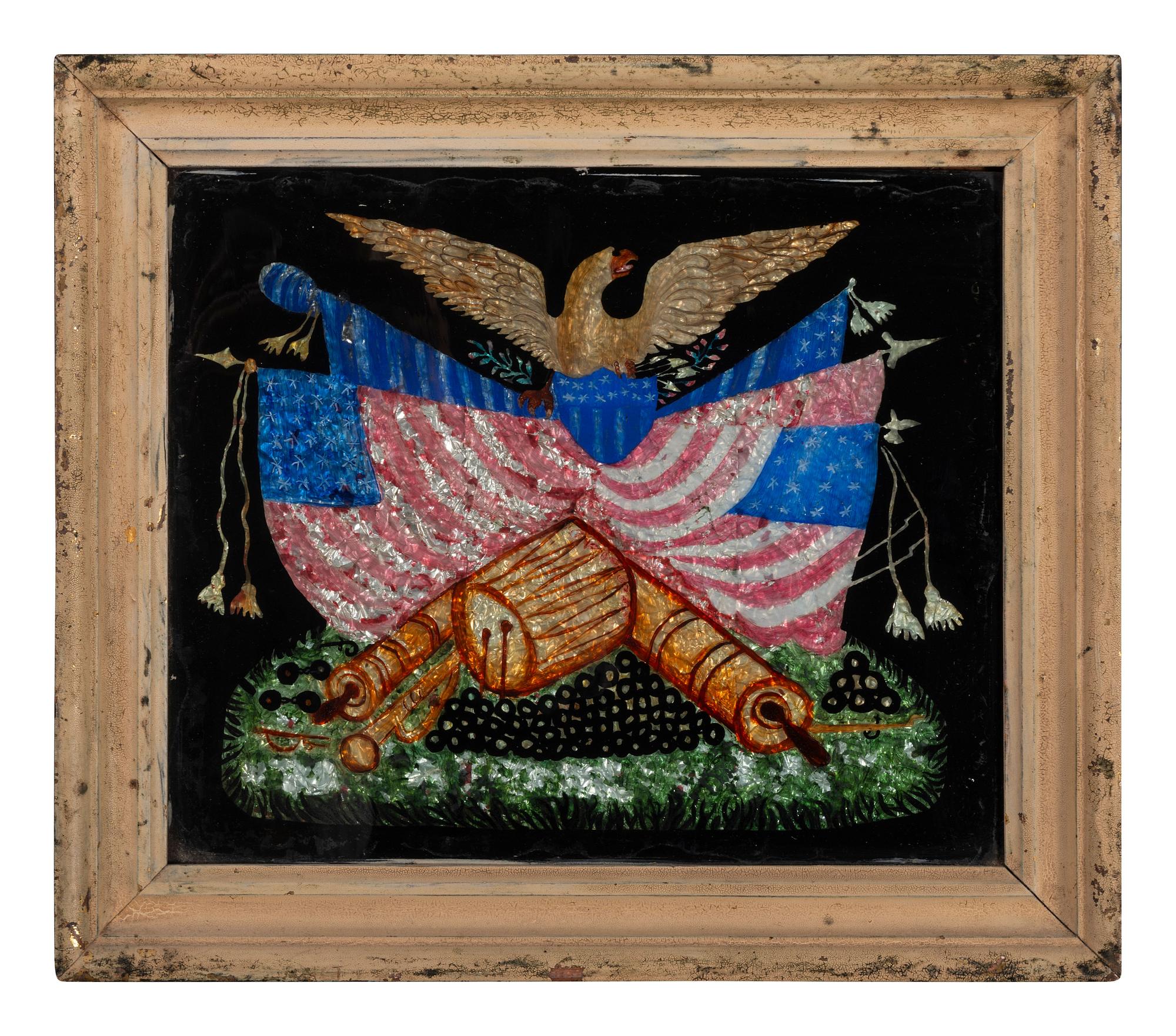 A Folk Art Reverse Painted Glass Eagle Crest Tinsel Painting