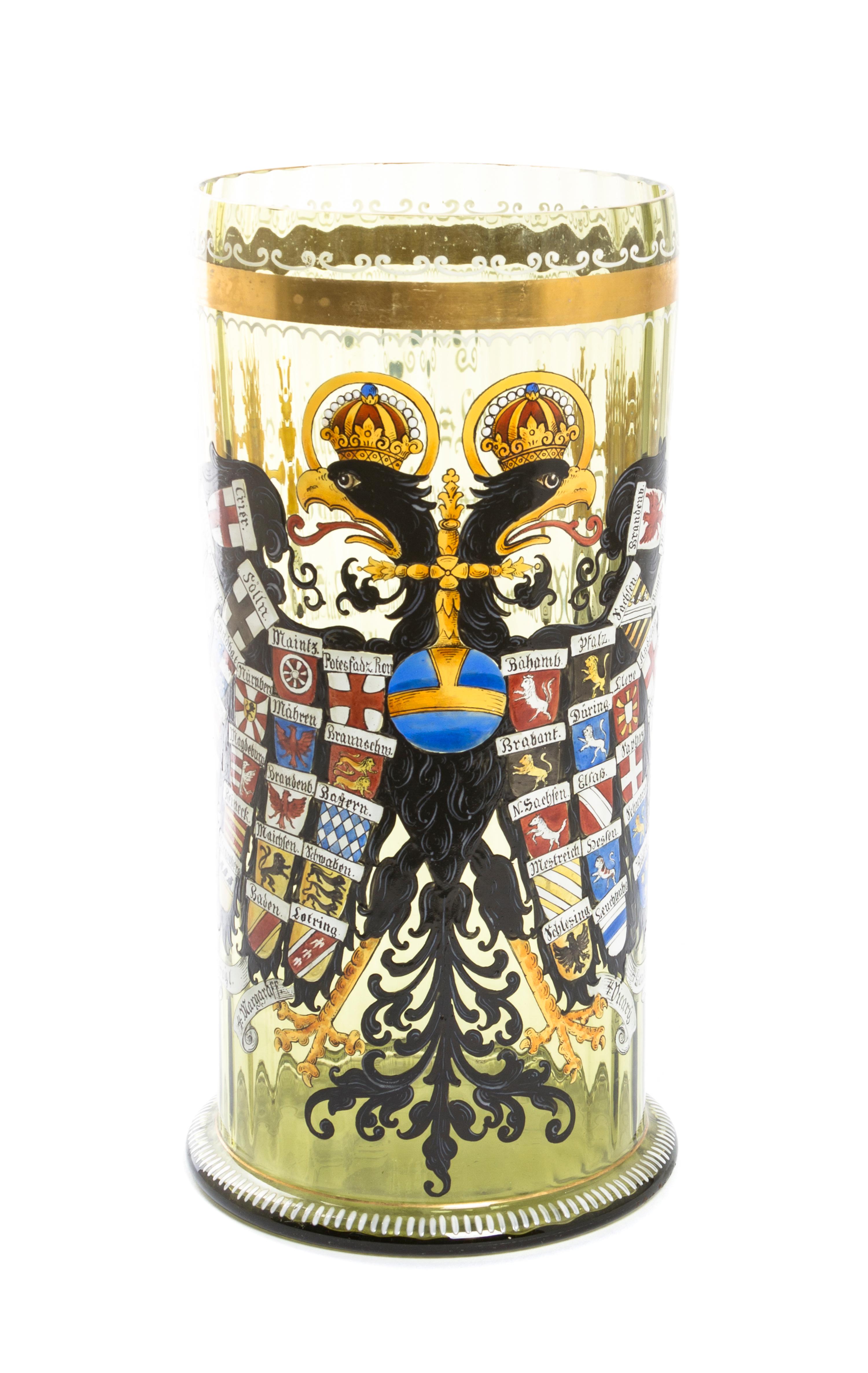 A German Enameled Glass Cylindrical Vessel, Height 11 1/16 inches.