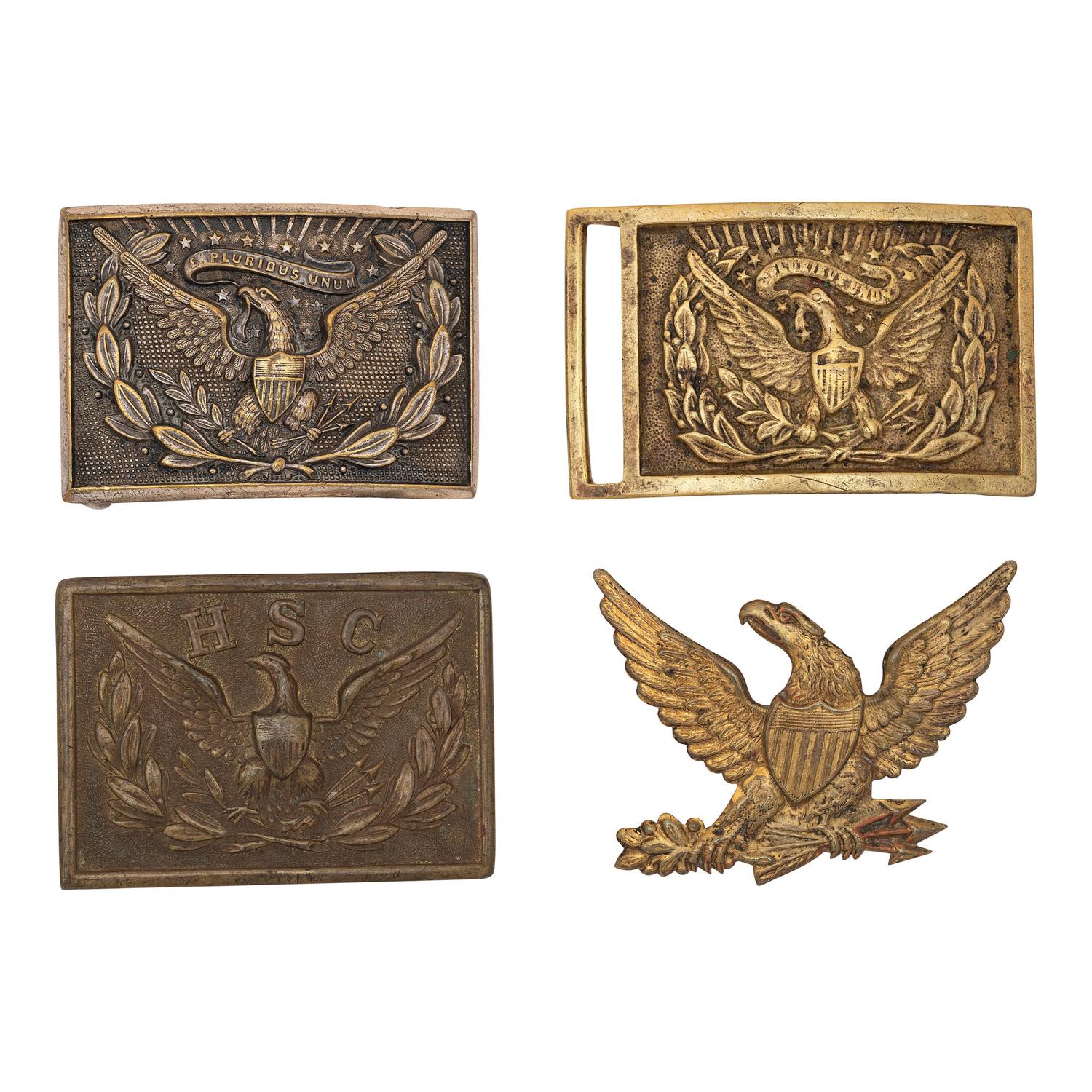 Lot of 4 Belt Plates Including: US M1874 Sword Belt Plate, US M1851 Post-1872 Eagle Belt Plate, Stamped Brass Eagle HSC Belt Plate & Brass Eagle Hat Device