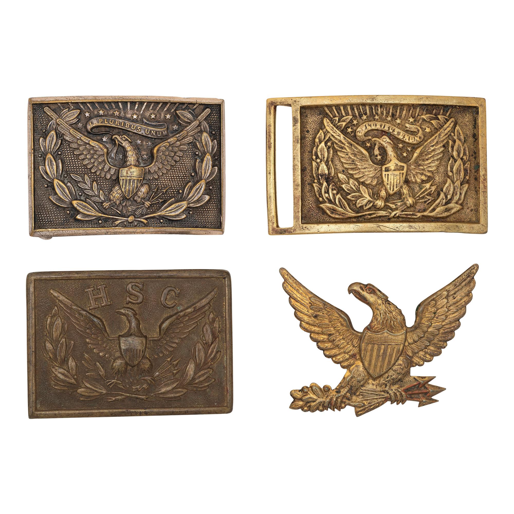 Lot of 4 Belt Plates Including: US M1874 Sword Belt Plate, US M1851 Post-1872 Eagle Belt Plate, Stamped Brass Eagle HSC Belt Plate & Brass Eagle Hat Device