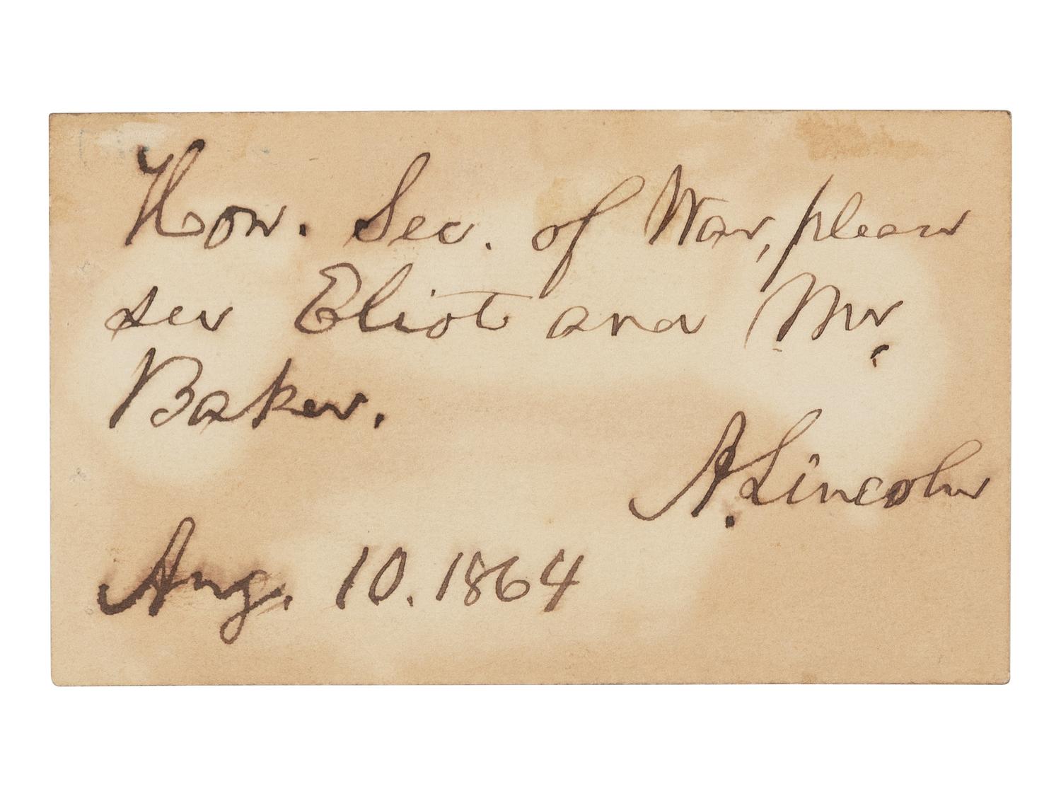 LINCOLN, Abraham (1809-1865). Autograph note signed ("A. Lincoln") to Secretary of War Edwin M. Stanton. [Washington, D.C.], 10 August 1864.