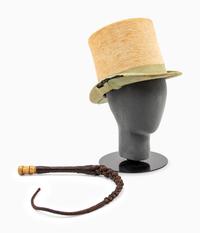 Women's Riding Top Hat and Braided Leather Whip, 1880s