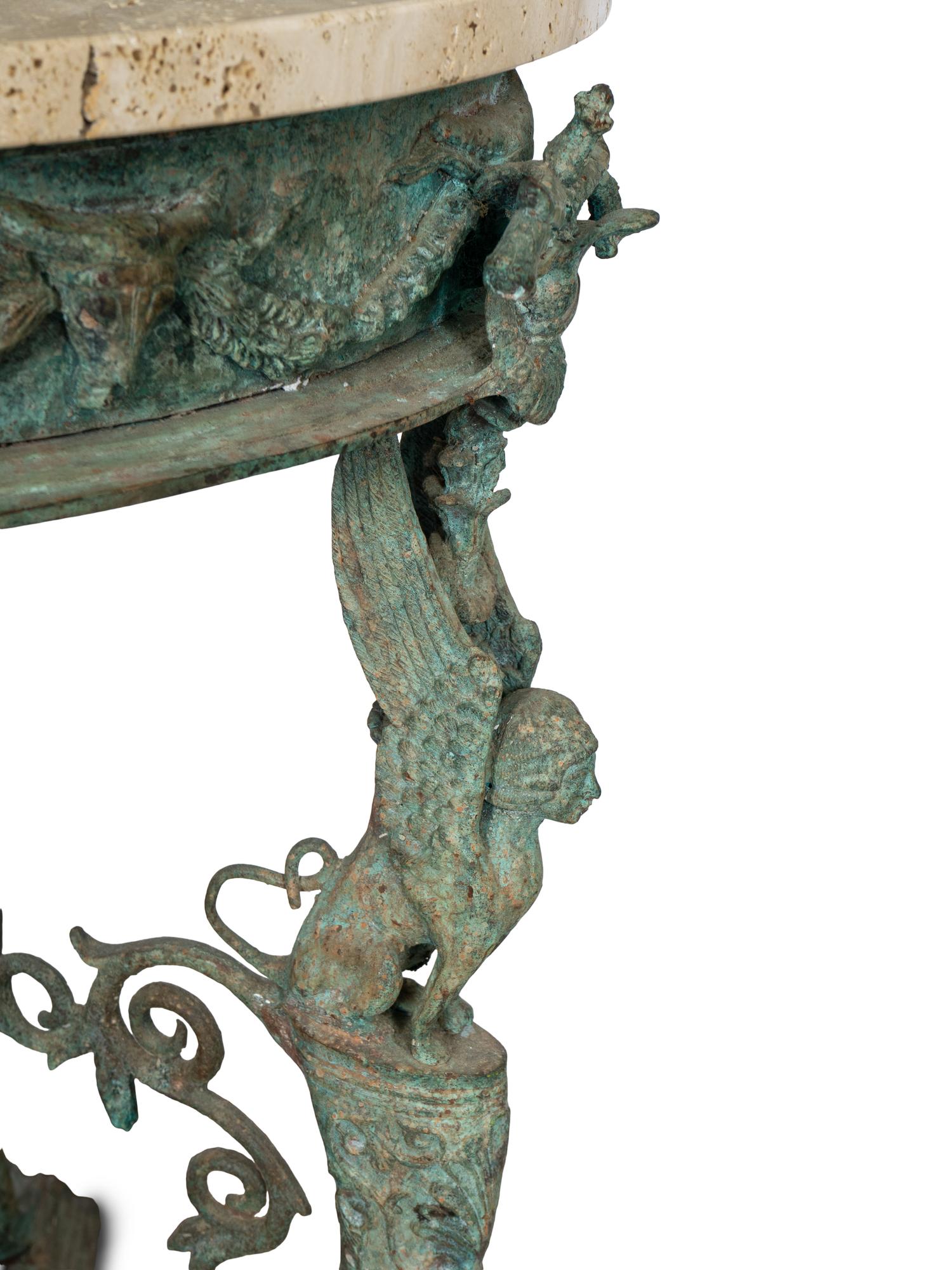 A Pair of Pompeian Temple of Isis Bronze Gueridon Tables with Travertine Tops