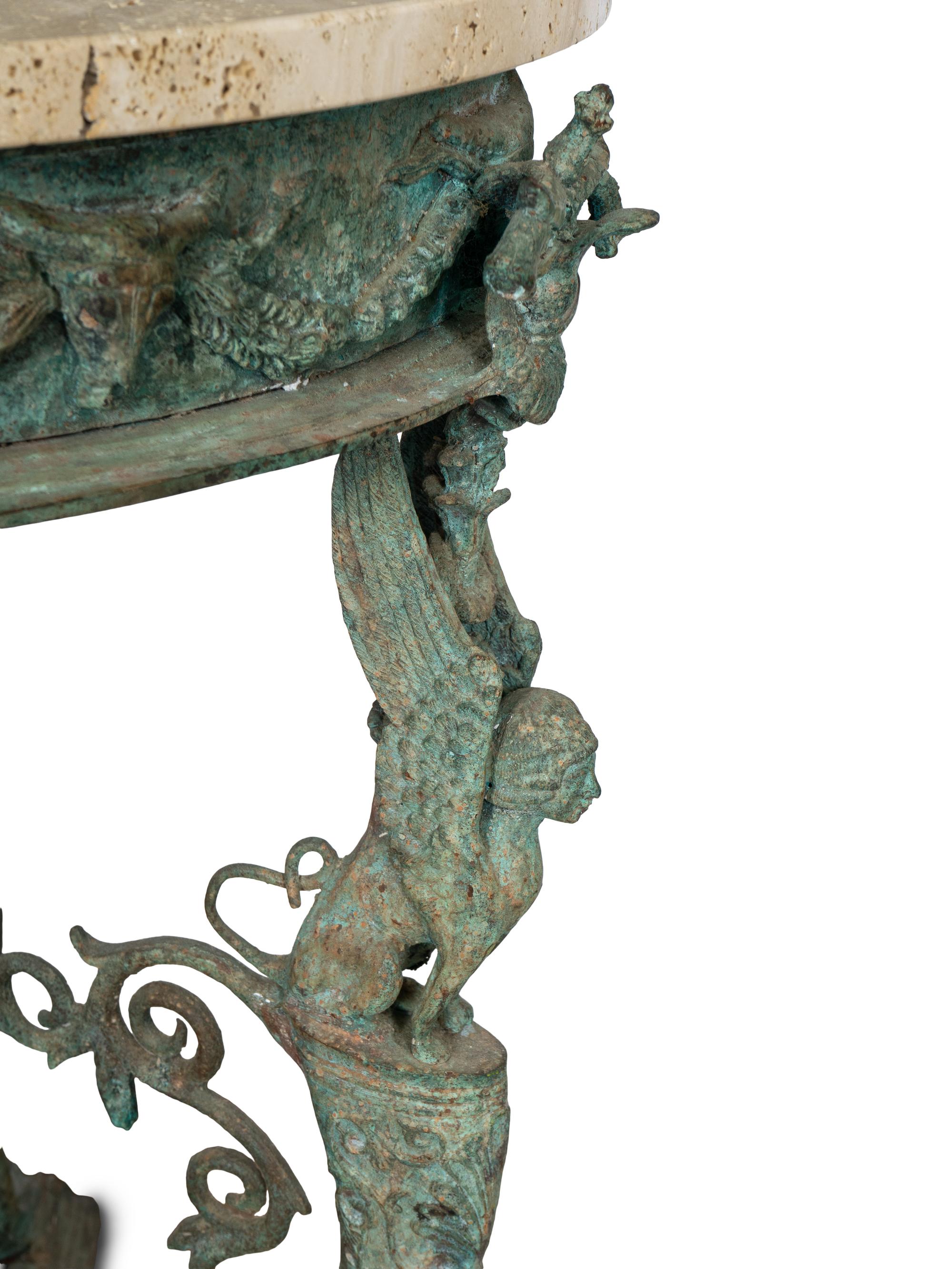 A Pair of Pompeian Temple of Isis Bronze Gueridon Tables with Travertine Tops