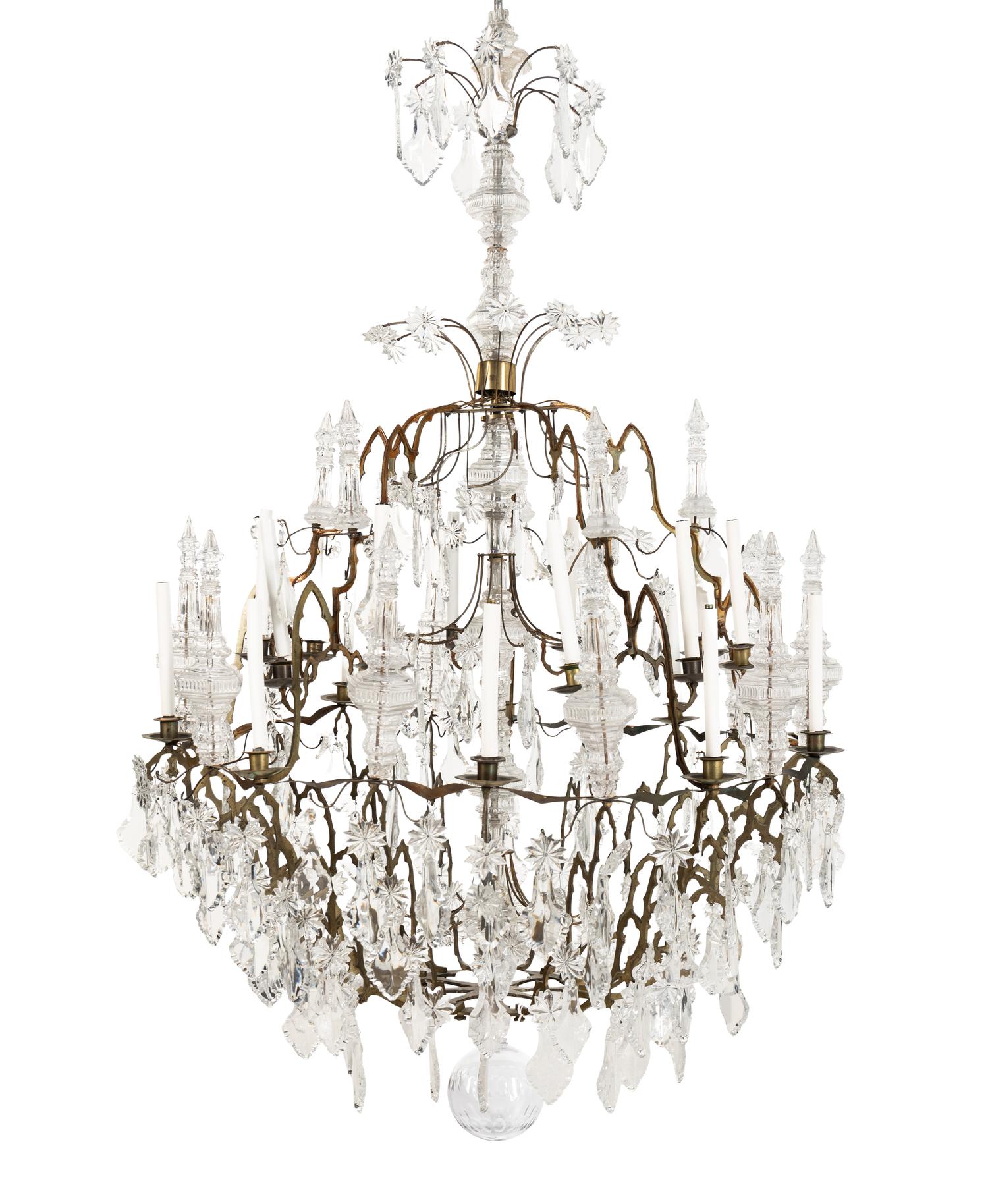 A Continental Brass and Cut Glass Twenty-Light Chandelier