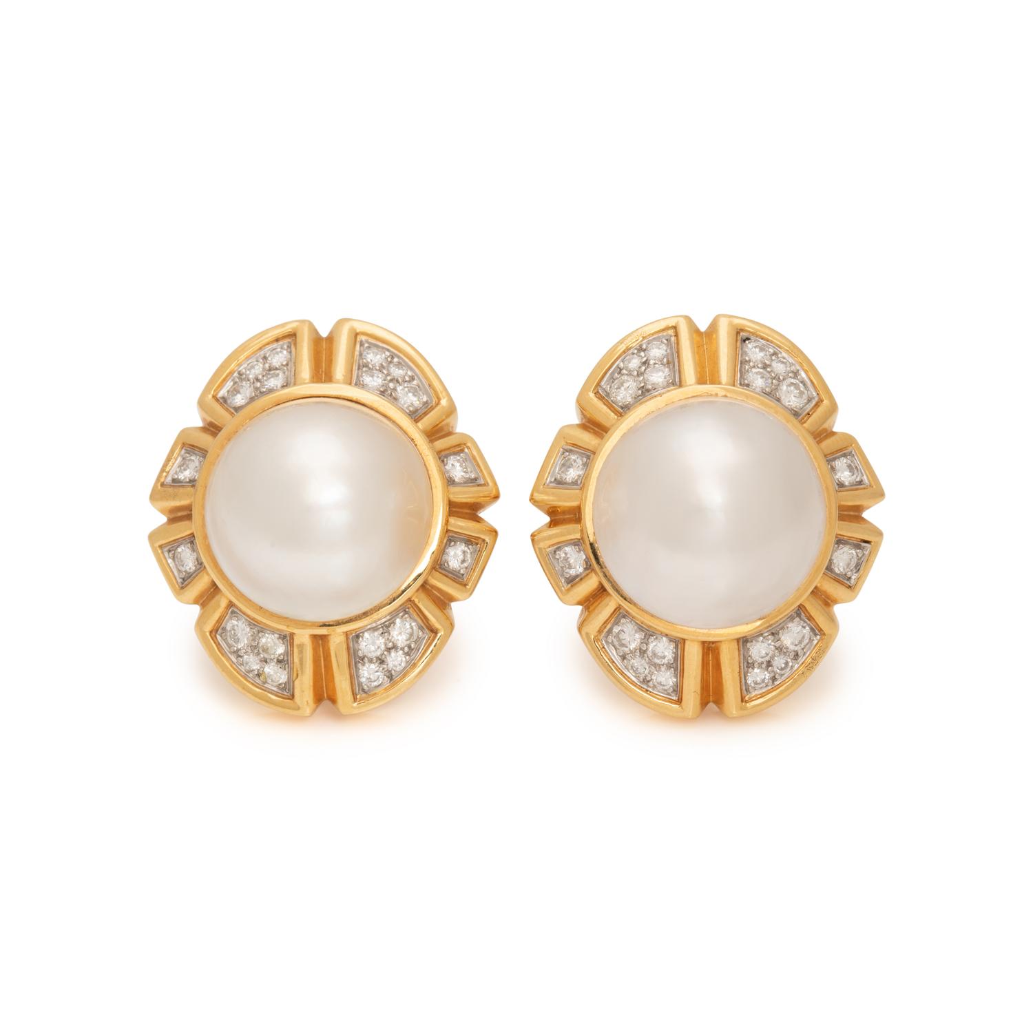 YELLOW GOLD, CULTURED MABE PEARL AND DIAMOND EARCLIPS