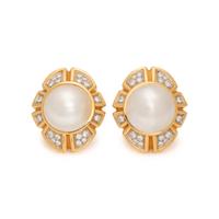 YELLOW GOLD, CULTURED MABE PEARL AND DIAMOND EARCLIPS