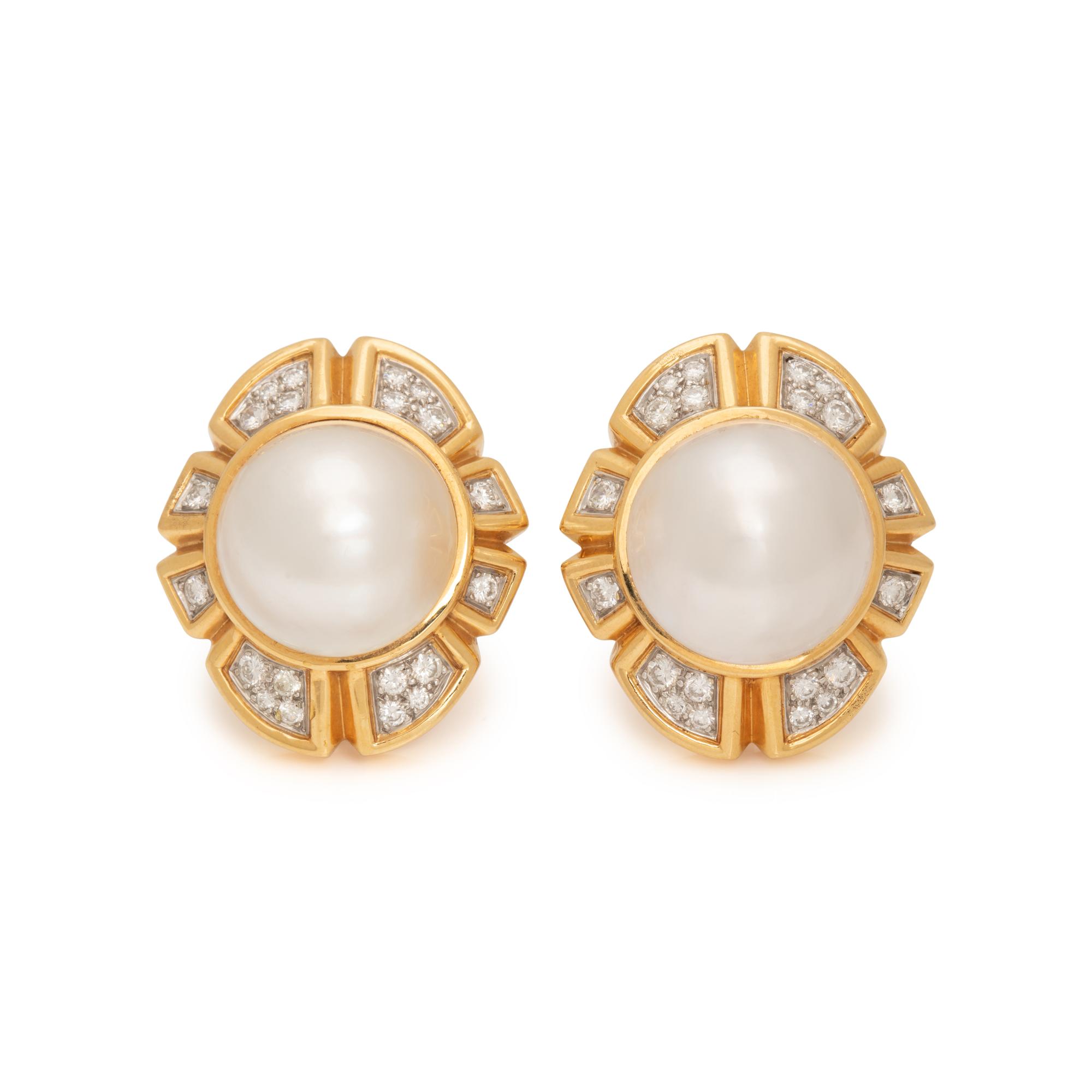 YELLOW GOLD, CULTURED MABE PEARL AND DIAMOND EARCLIPS