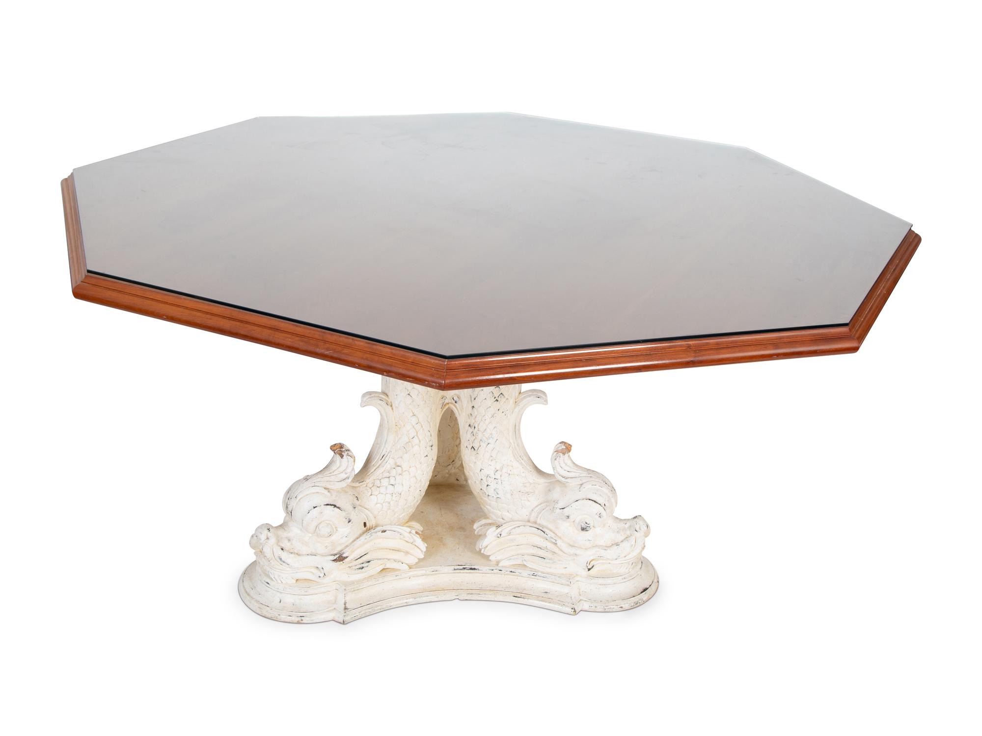 A Carved and Painted Dolphin Base Dining Table with a Later Octagonal Teak Top — 19TH/20TH CENTURY