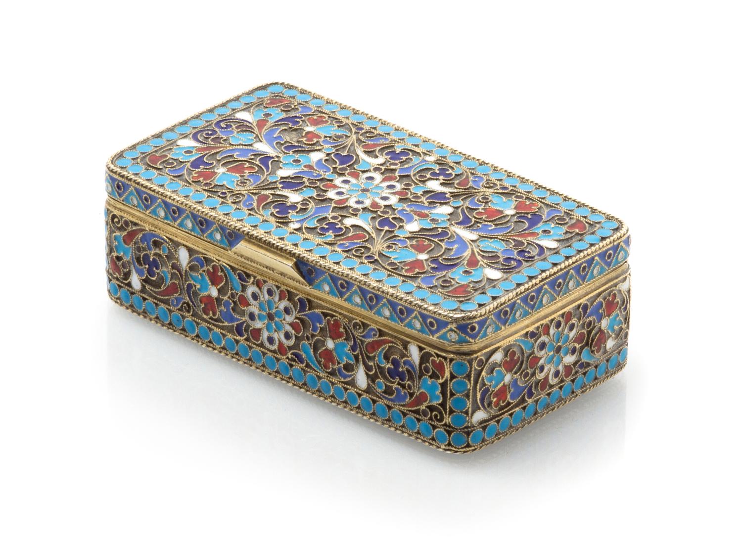 A Russian Enameled Silver Box, Mark of Gustav Klingert, kokoshnik mark of Ivan Lebedkin, Moscow, 1898, of rectangular form, the case wi