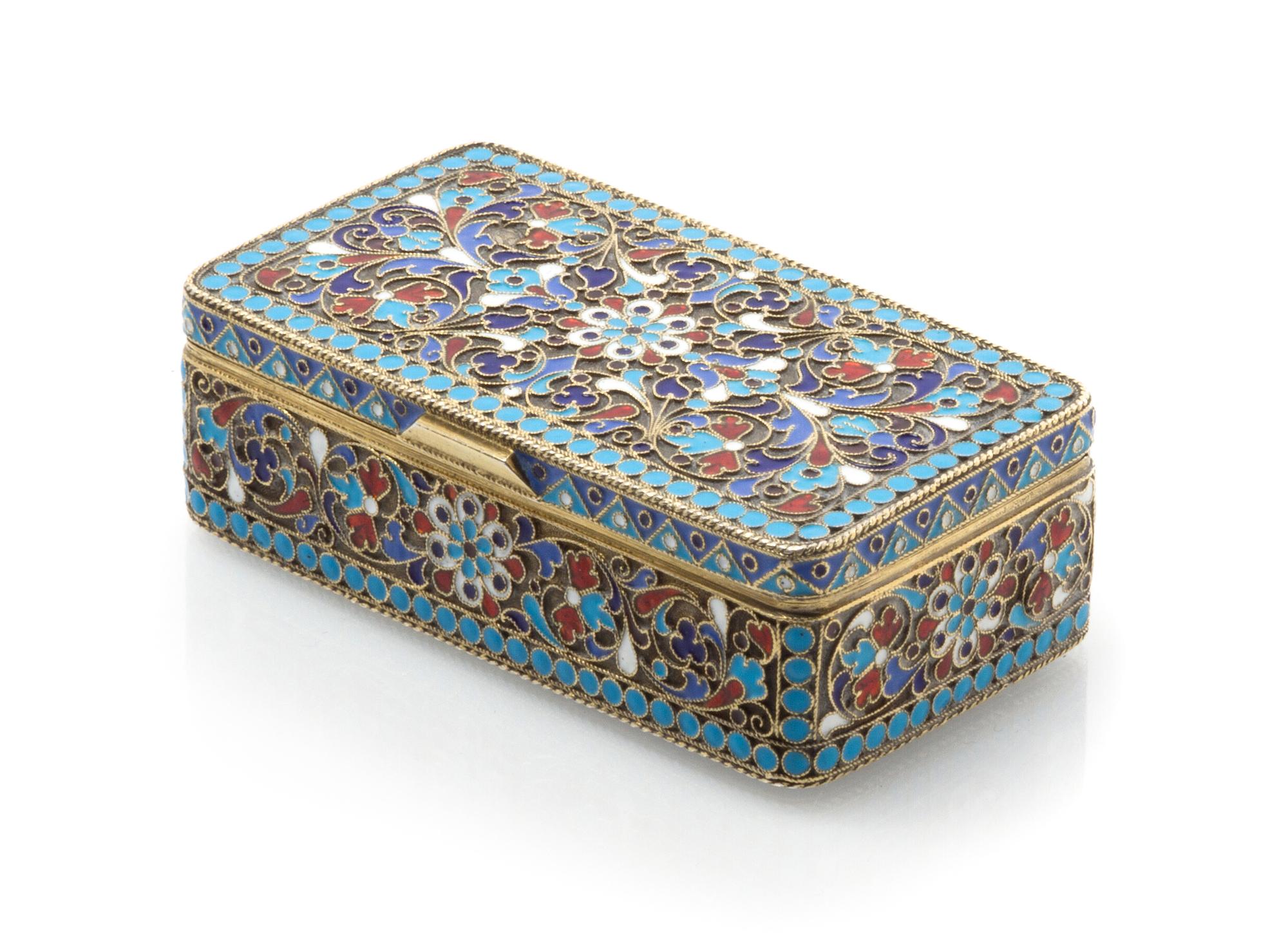 A Russian Enameled Silver Box, Mark of Gustav Klingert, kokoshnik mark of Ivan Lebedkin, Moscow, 1898, of rectangular form, the case wi