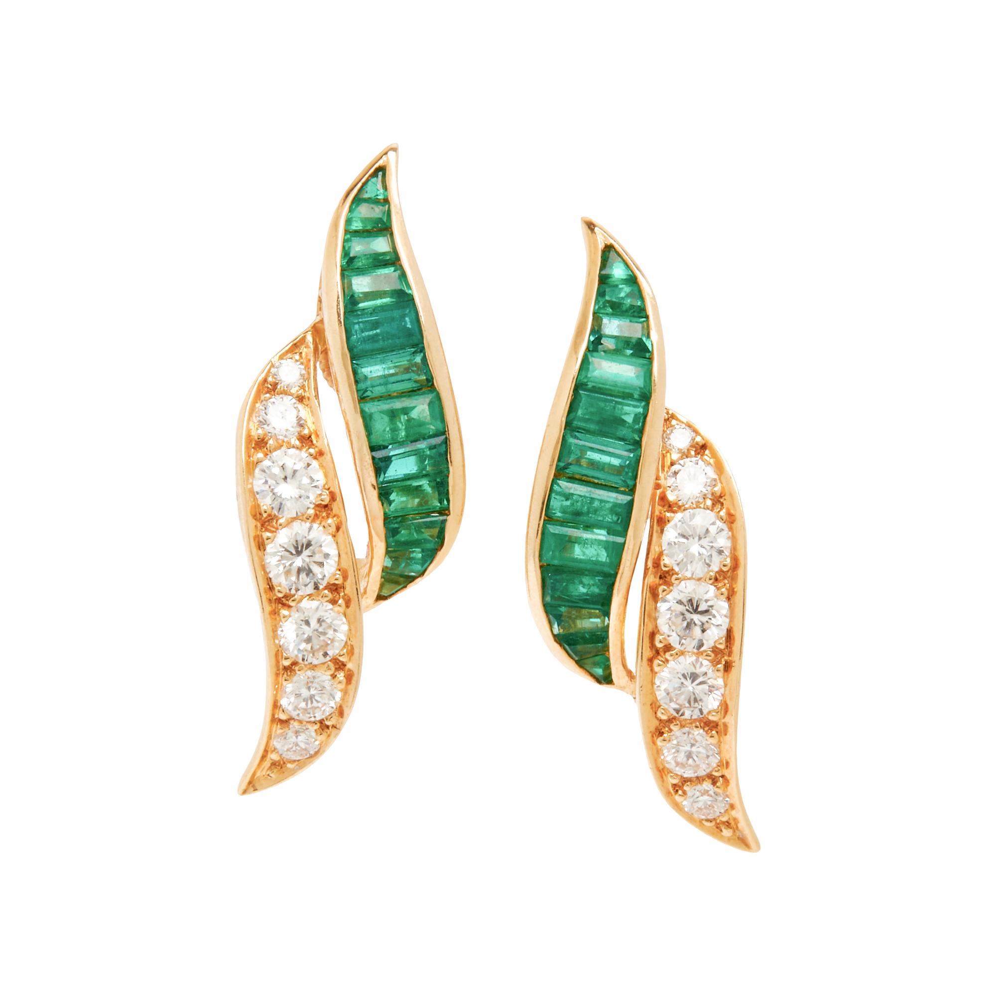YELLOW GOLD, SYNTHETIC EMERALD, AND DIAMOND CLIP EARRINGS AND SLIDER CHARM