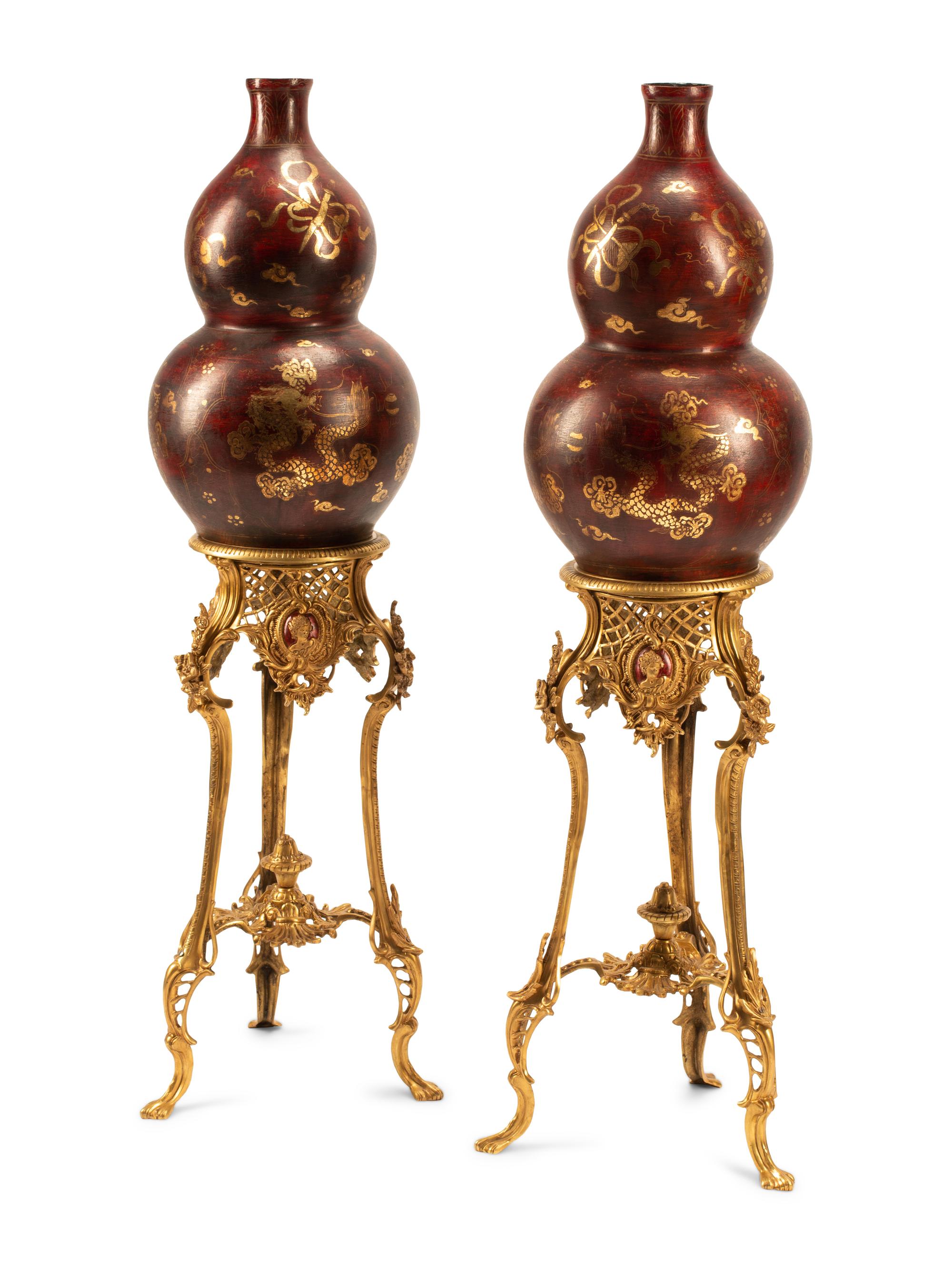 A Pair of Chinese Export Gold and Red Lacquer Vases with Gilt Bronze Stands