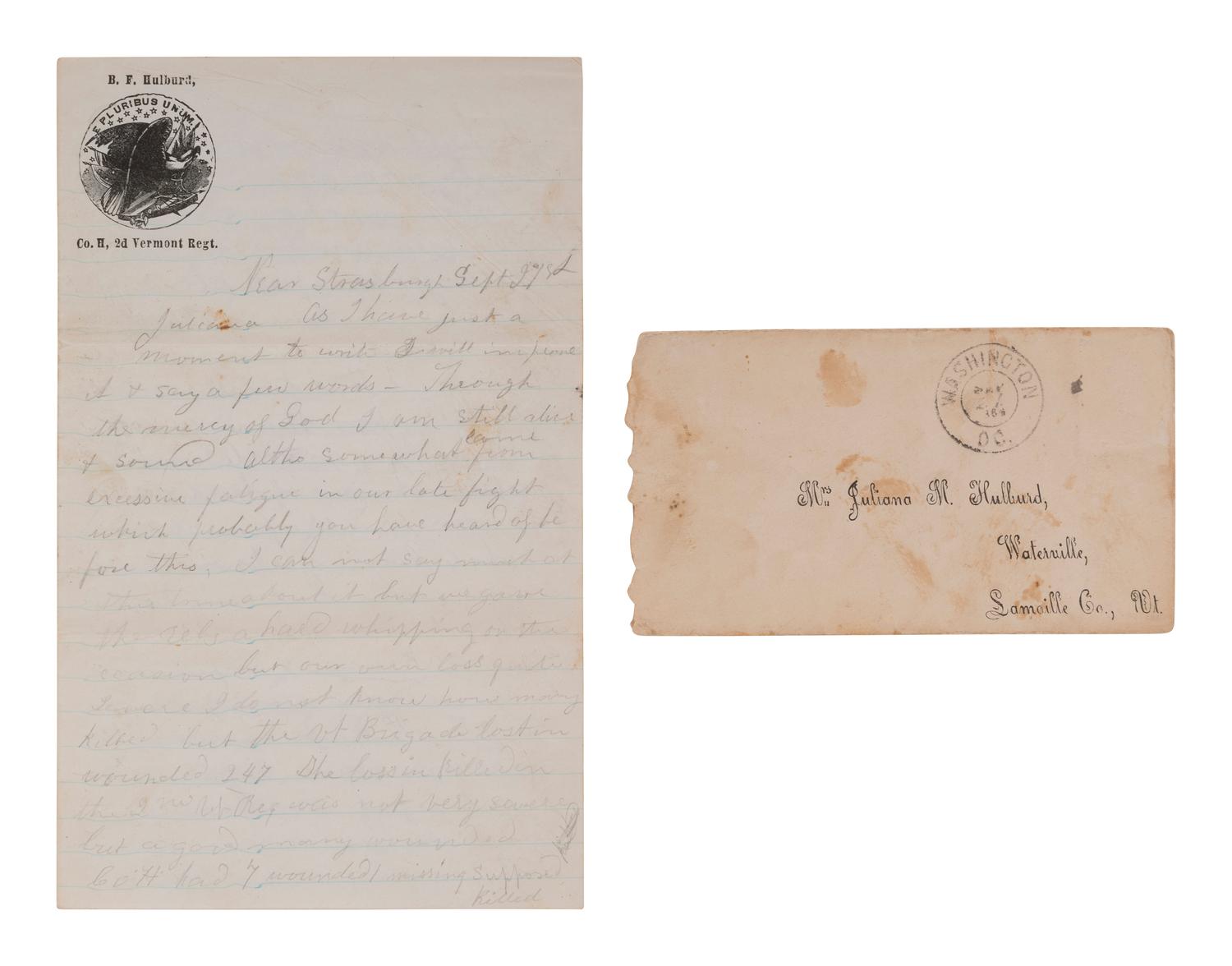 [CIVIL WAR]. Letter from Private Benjamin F. Hulbard, Co. H, Vermont 2nd Infantry, describing the Third Battle of Winchester. "Near Strasburgh," 21 September [1864].