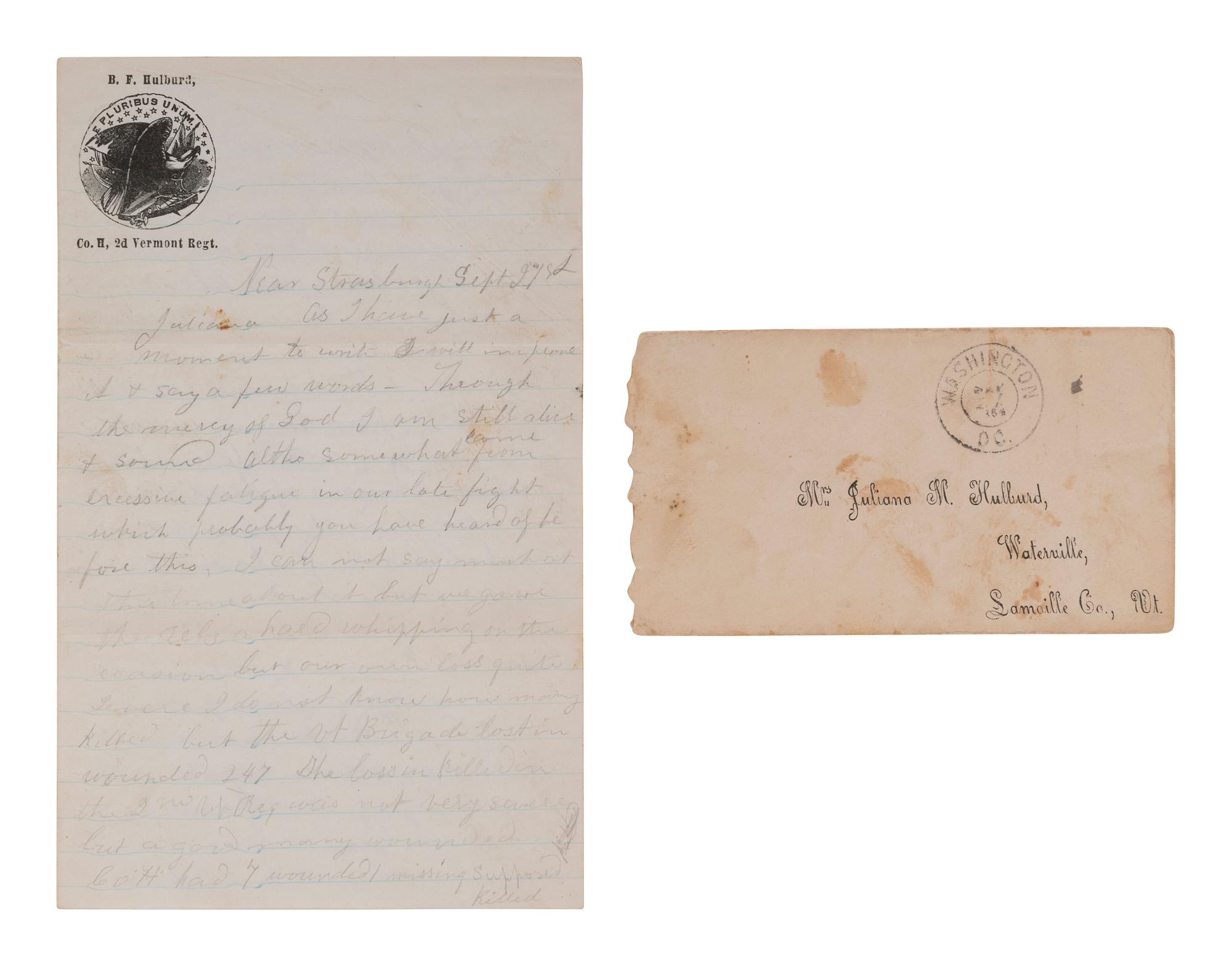 [CIVIL WAR]. Letter from Private Benjamin F. Hulbard, Co. H, Vermont 2nd Infantry, describing the Third Battle of Winchester. "Near Strasburgh," 21 September [1864].