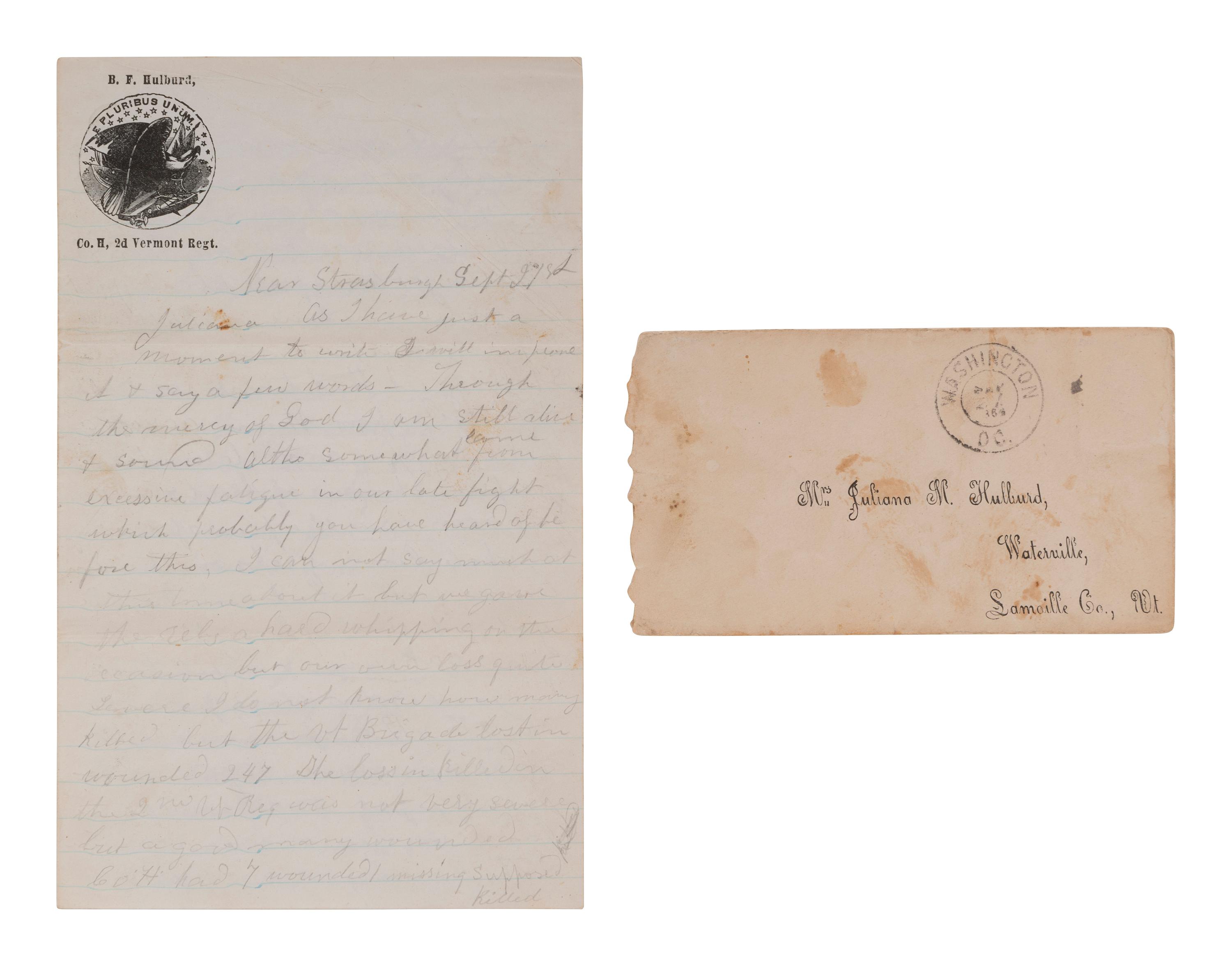 [CIVIL WAR]. Letter from Private Benjamin F. Hulbard, Co. H, Vermont 2nd Infantry, describing the Third Battle of Winchester. "Near Strasburgh," 21 September [1864].