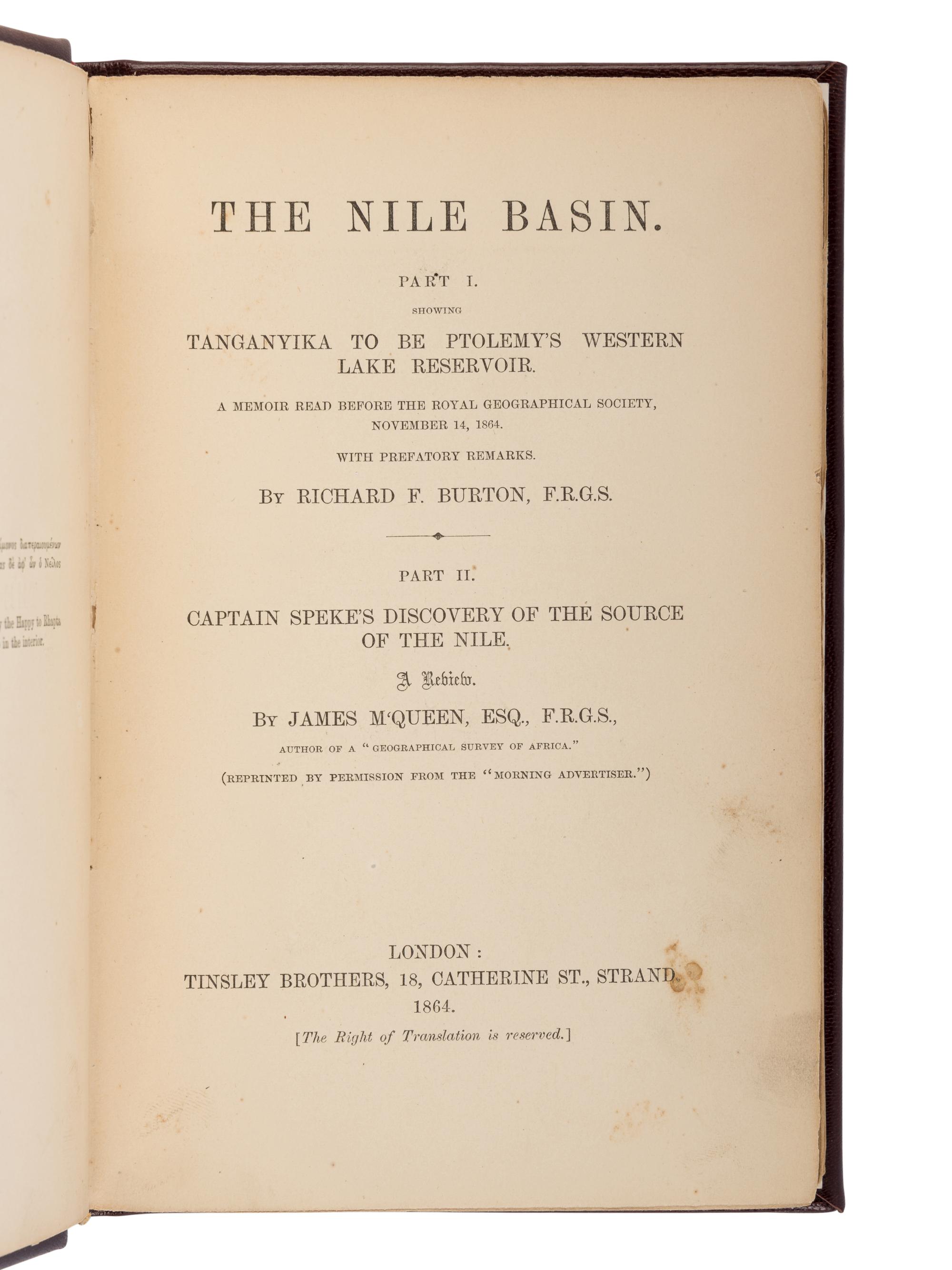 BURTON, Richard Francis, Sir (1821-1890) and James MacQUEEN (1778-1870). The Nile Basin . London: Tinsley Brothers, 1864.