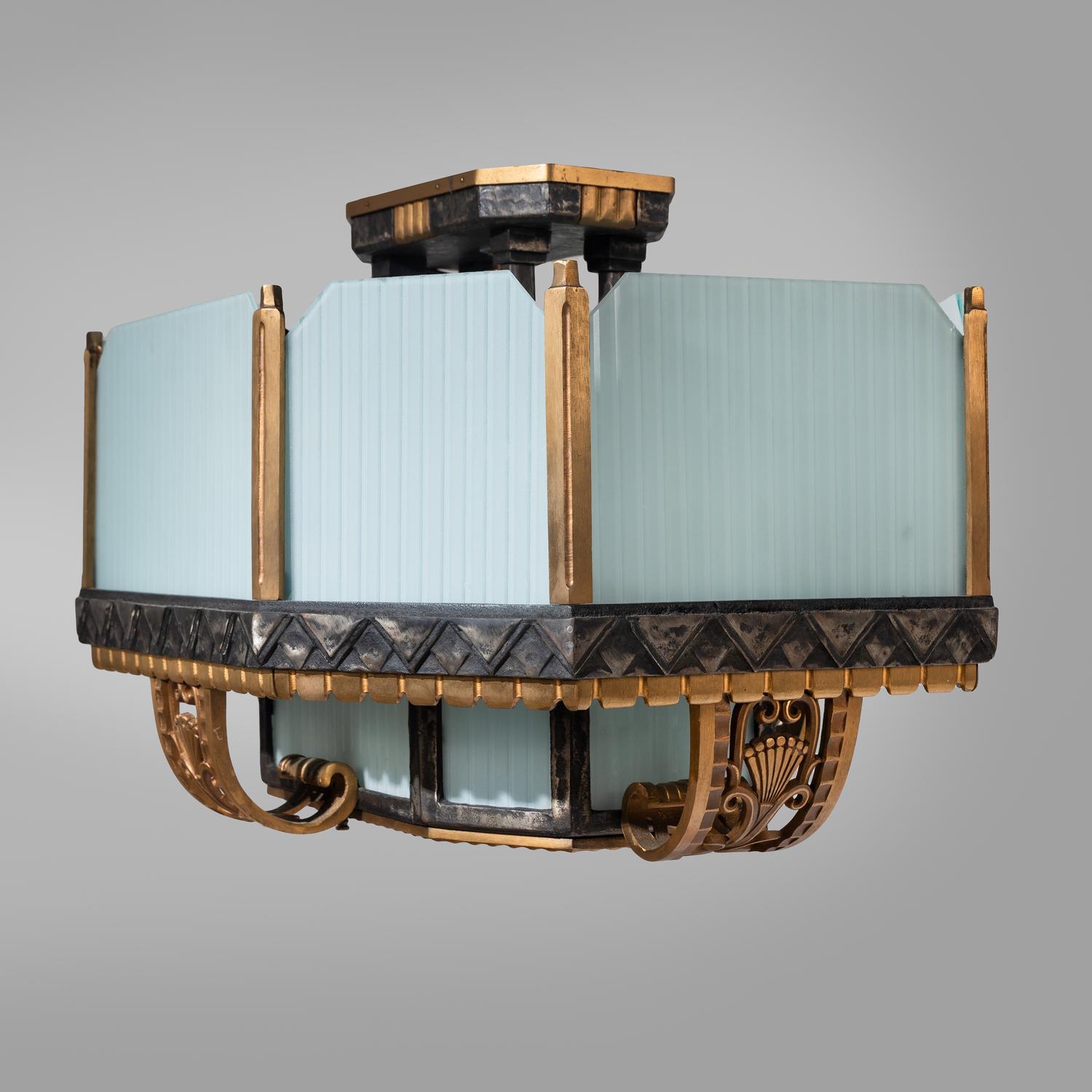 Art Deco Chicago, c. 1929 — Pair of Bronze and Glass Lighting Fixtures from the Palmolive Building