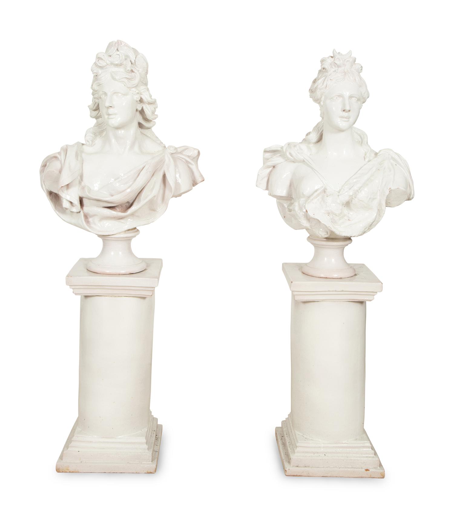 A Pair of Italian White Glazed Ceramic Busts on Pedestal Bases
