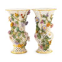 A Pair of Meissen Reticulated Floral Vases