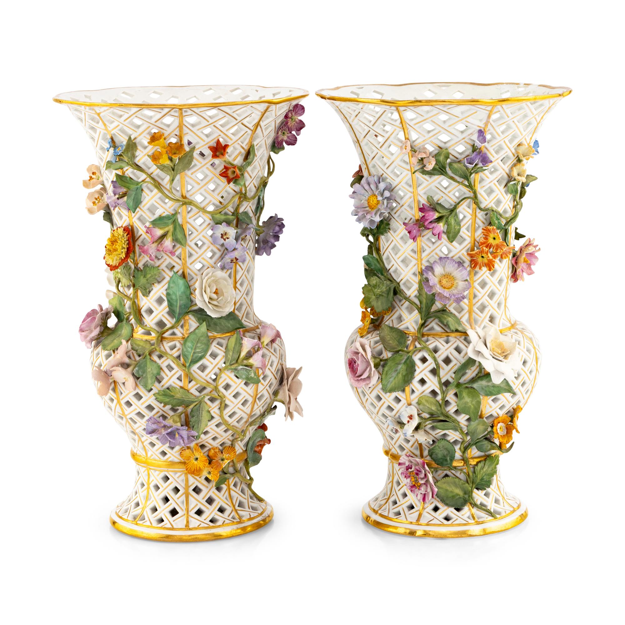A Pair of Meissen Reticulated Floral Vases