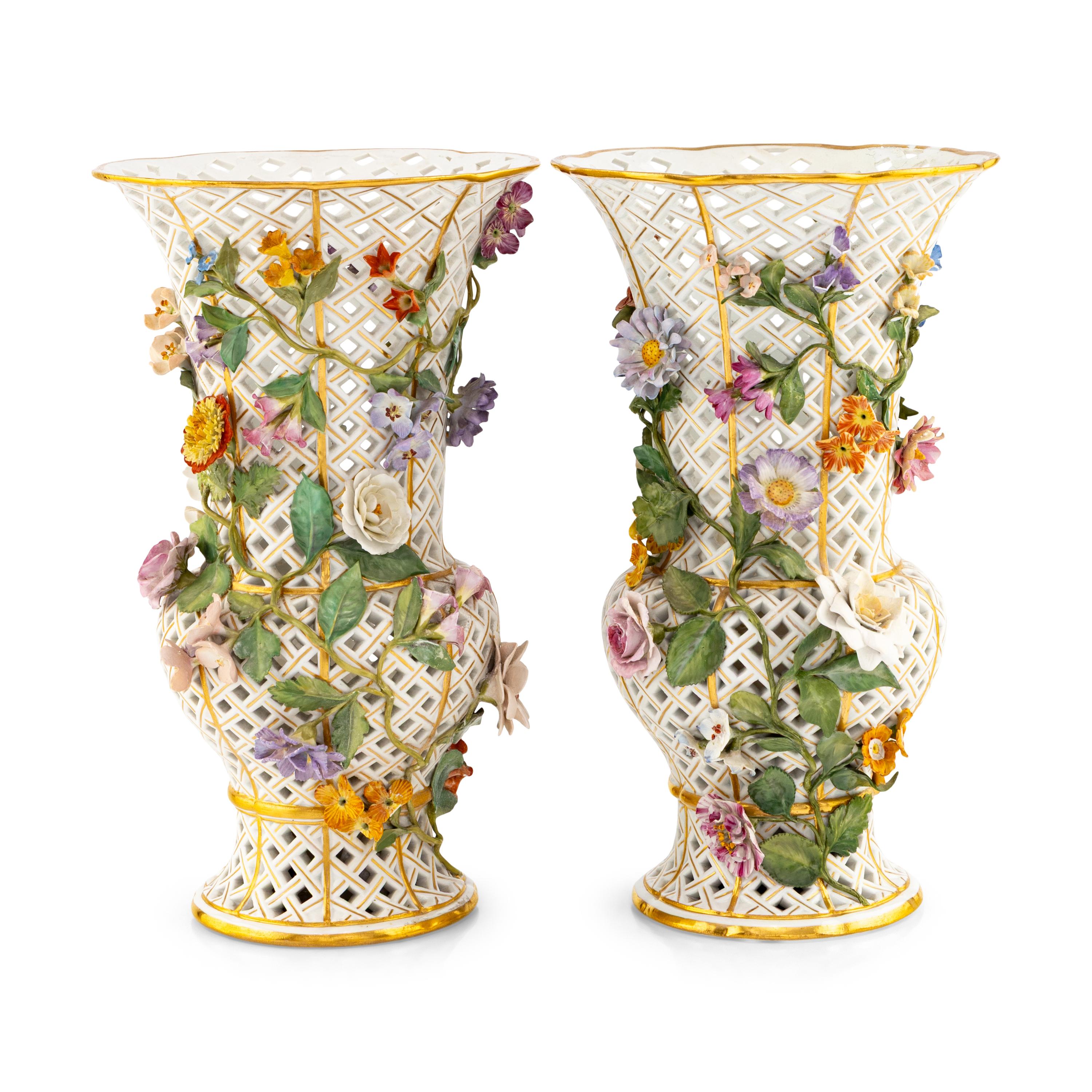 A Pair of Meissen Reticulated Floral Vases