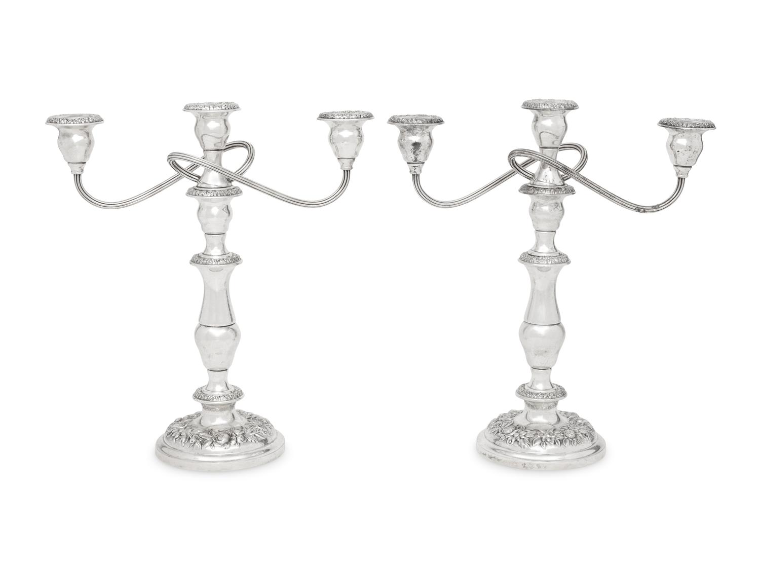 A Pair of American Silver Repoussé Three-Light Candelabra
