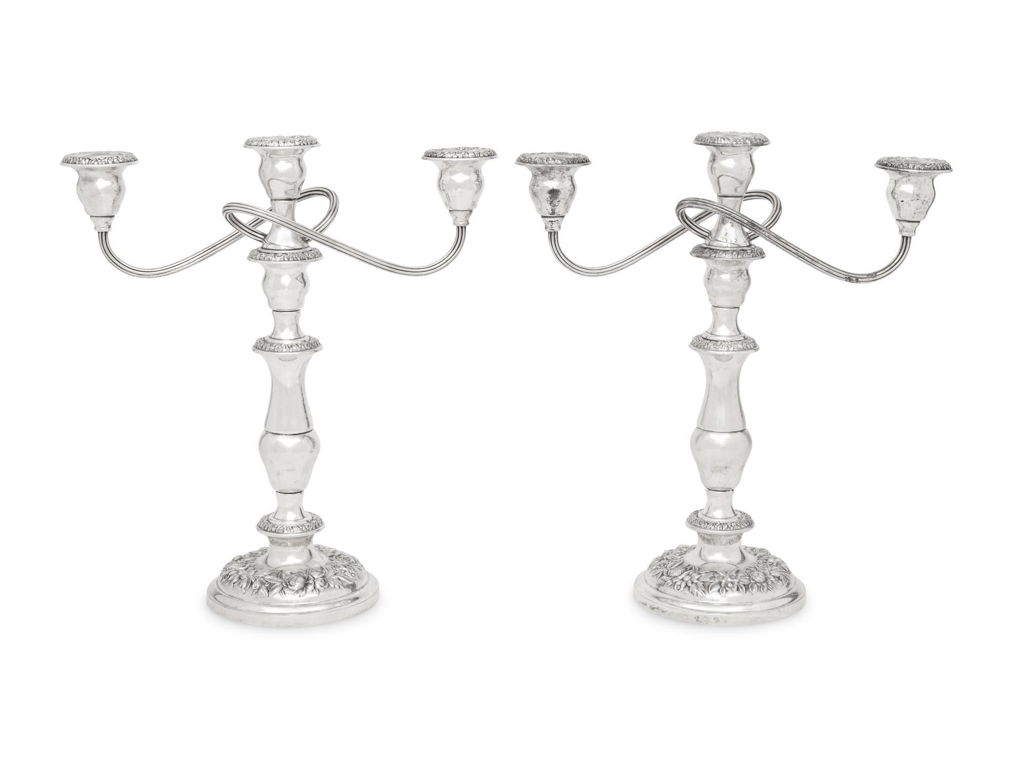 A Pair of American Silver Repoussé Three-Light Candelabra