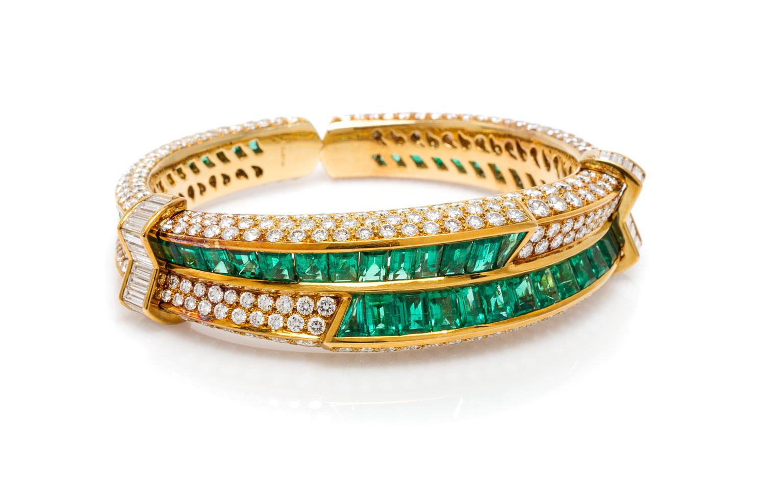 An 18 Karat Yellow Gold, Emerald and Diamond Cuff Bracelet, Harry Winston, 49.50 dwts.