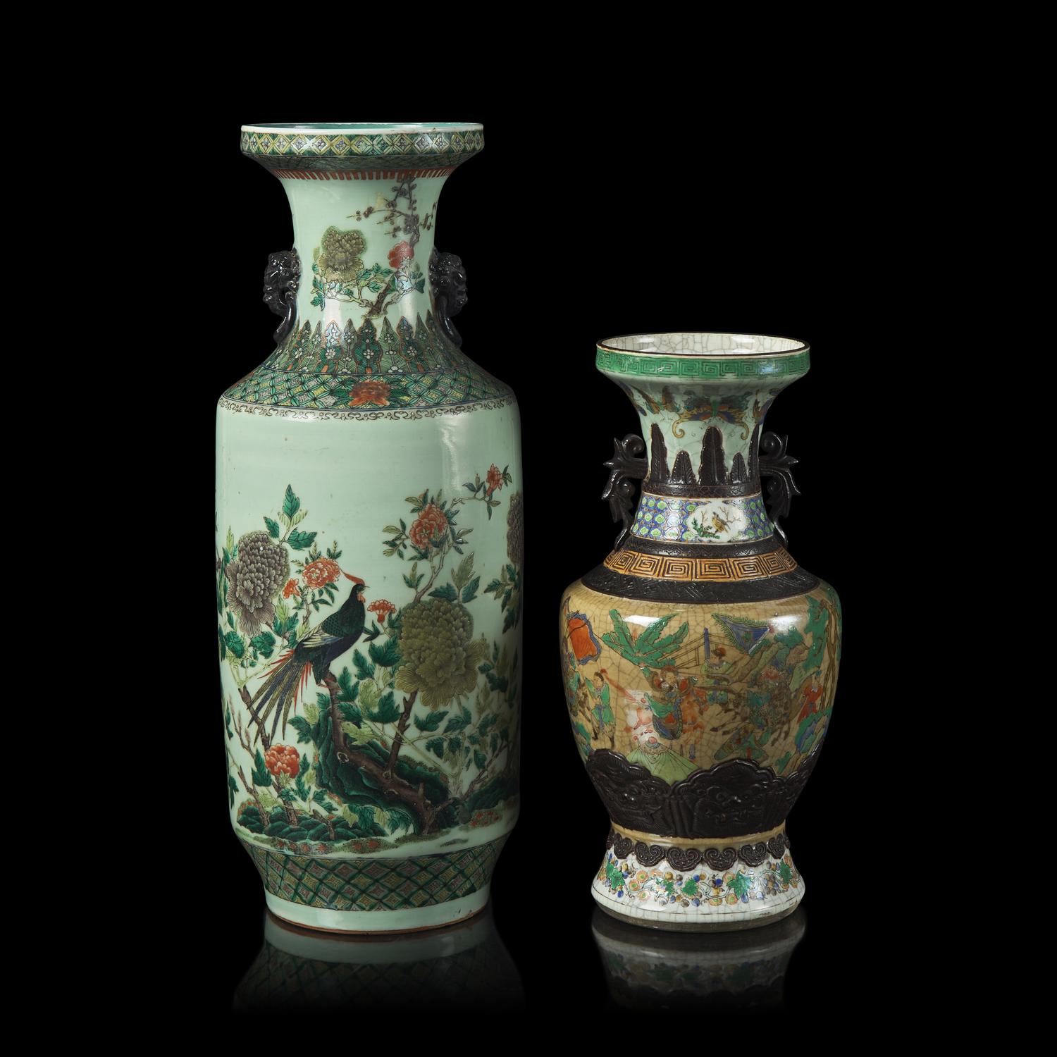 Two Chinese Famille Verte Porcelain Vases 五彩盤口瓶兩件