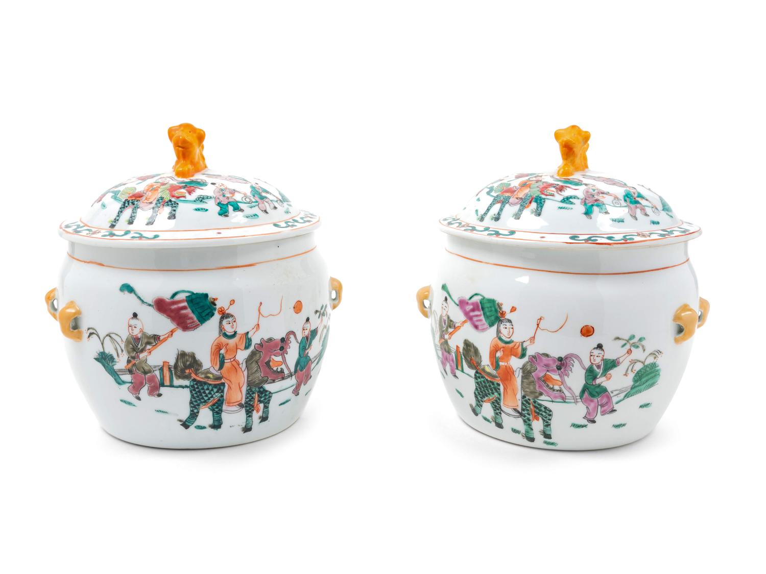 A Pair of Chinese Export Porcelain Covered Vessels