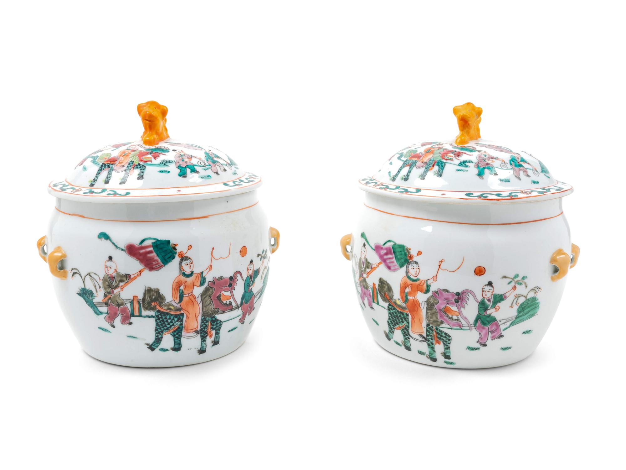 A Pair of Chinese Export Porcelain Covered Vessels