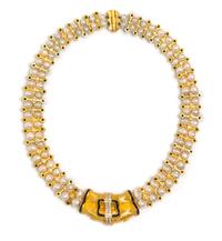 A High Karat Gold, Diamond, Sapphire and Cultured Pearl Necklace, Hilat, Circa 1991, 86.35 dwts.