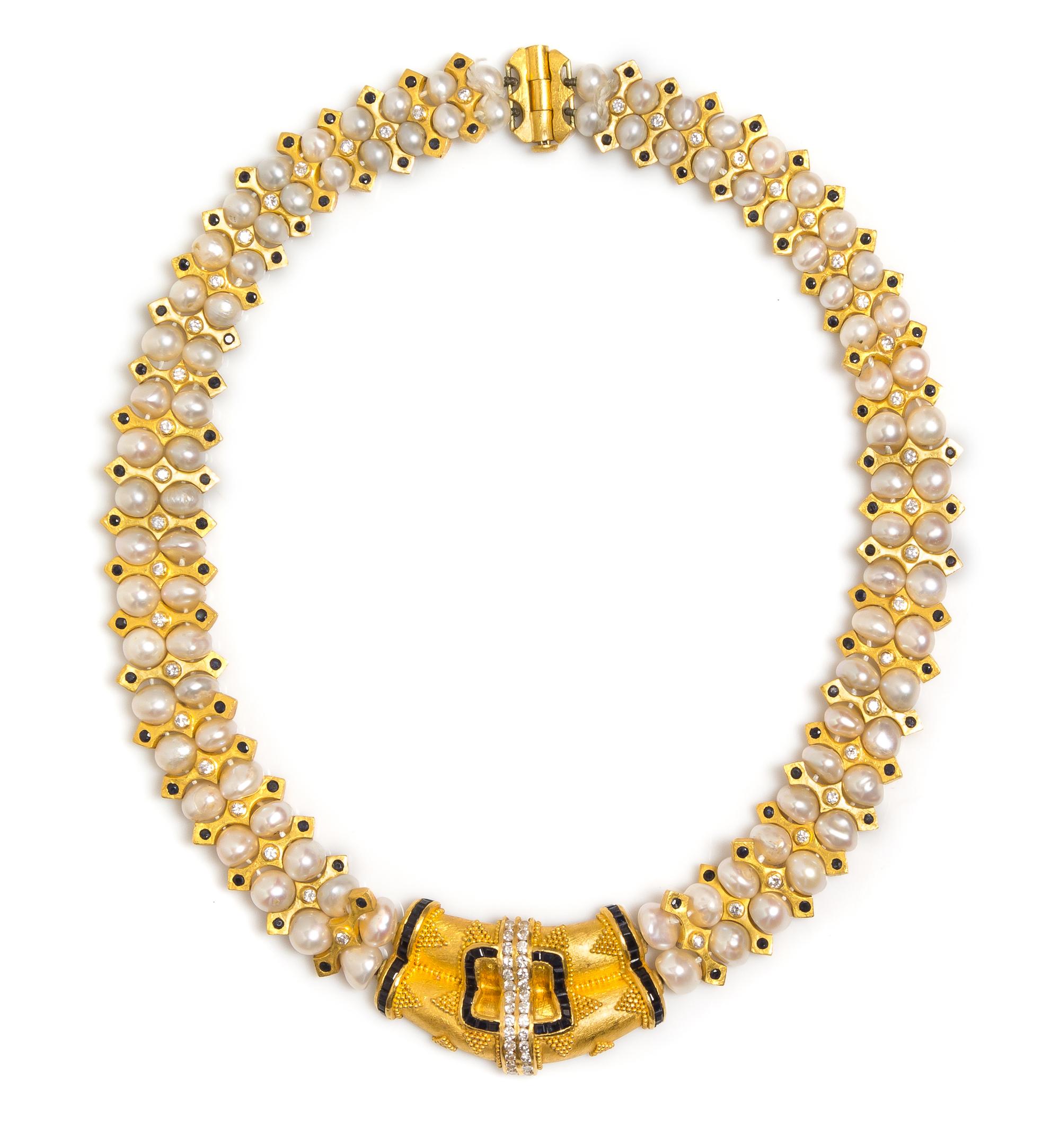 A High Karat Gold, Diamond, Sapphire and Cultured Pearl Necklace, Hilat, Circa 1991, 86.35 dwts.