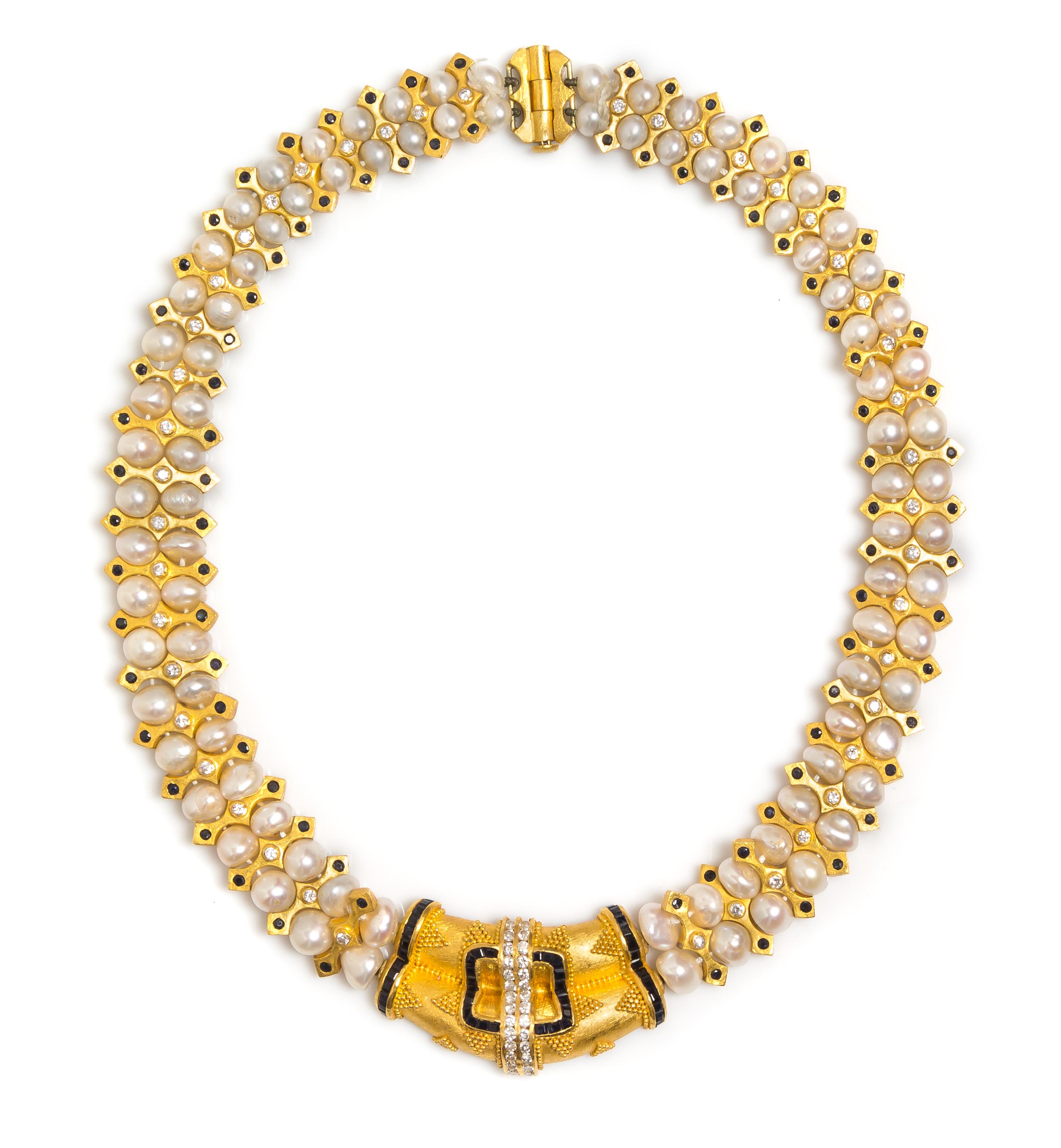 A High Karat Gold, Diamond, Sapphire and Cultured Pearl Necklace, Hilat, Circa 1991, 86.35 dwts.