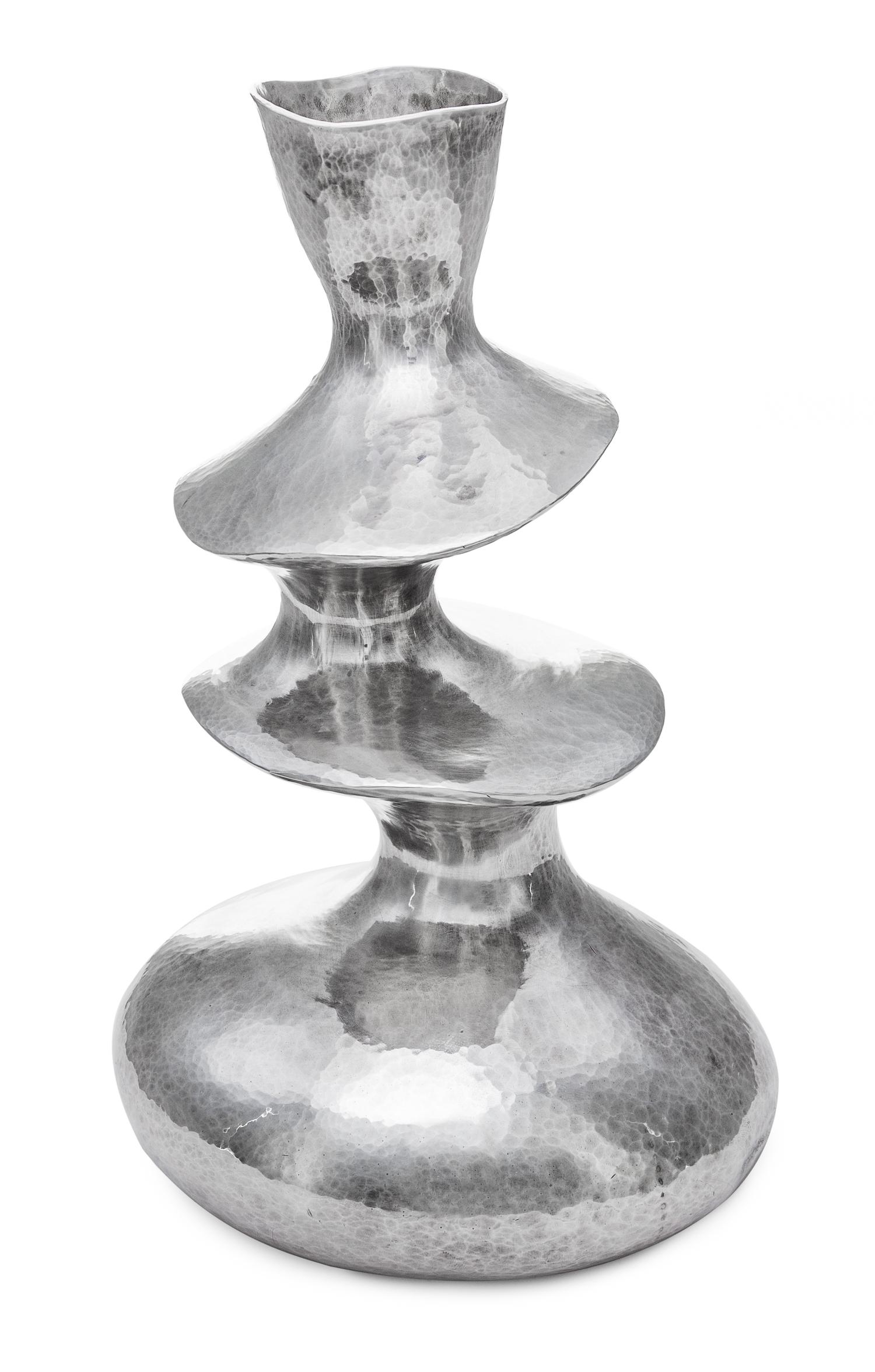 A Contemporary English Silver Vase, Hiroshi Suzuki, Sheffield, 2002, of three tiered from with a spot-hammered finish throughout.
