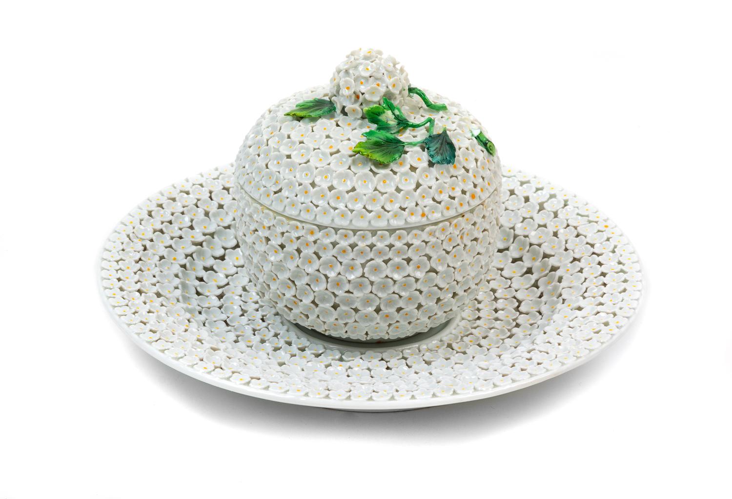 A Meissen Porcelain Schneeballen Covered Cup and Saucer
