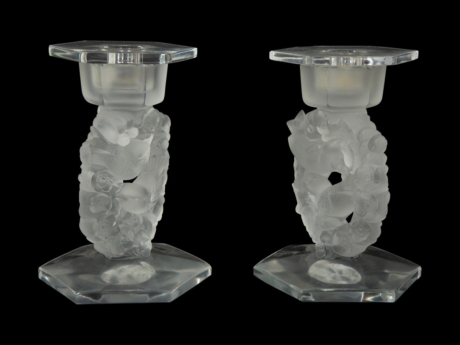 A Pair of Lalique Mesanges Candlesticks