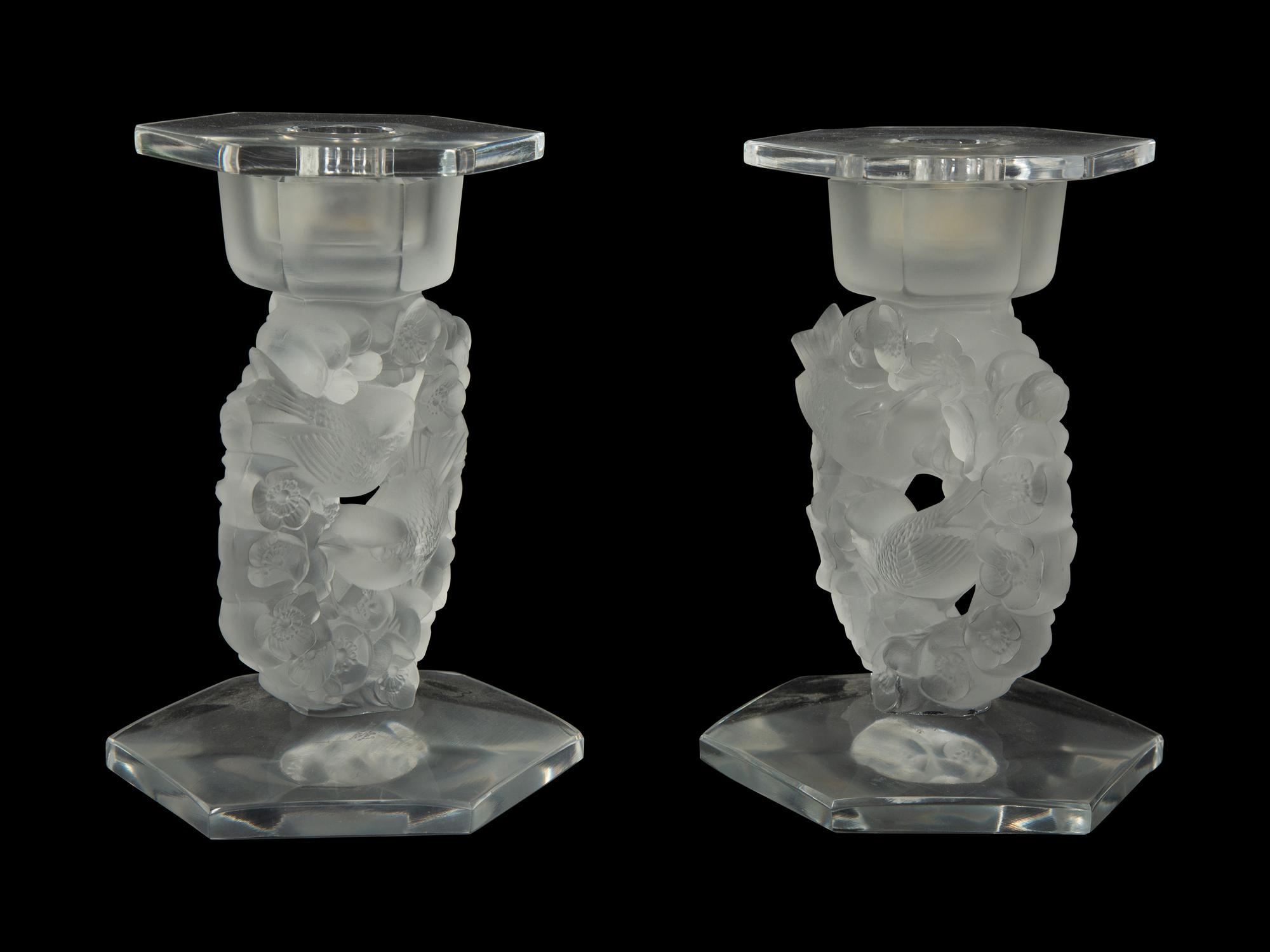 A Pair of Lalique Mesanges Candlesticks