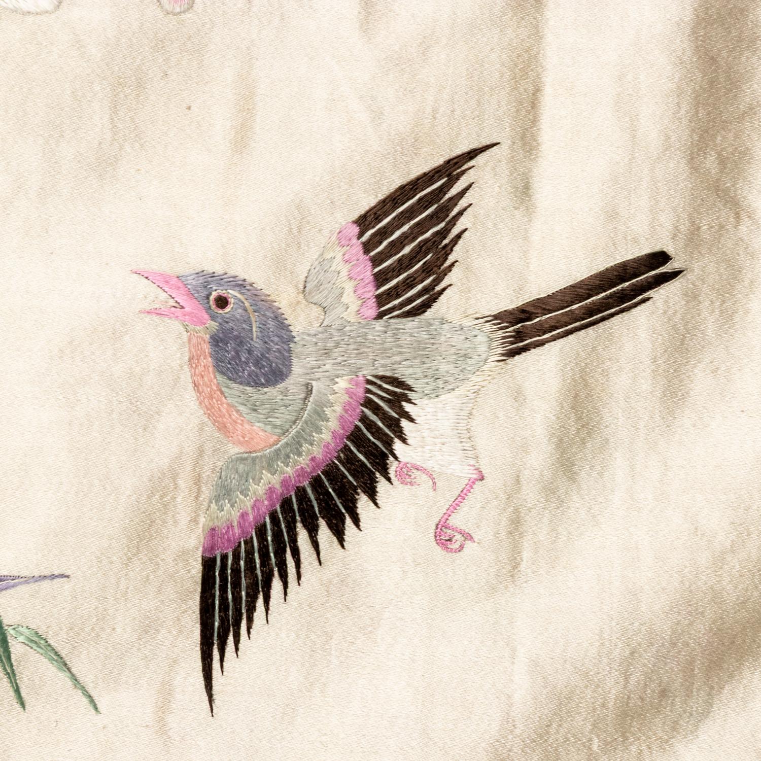 A Large Chinese Embroidered Silk Hanging Panel, Late 19th Century 清晚期 藍地綉花鳥大挂賬